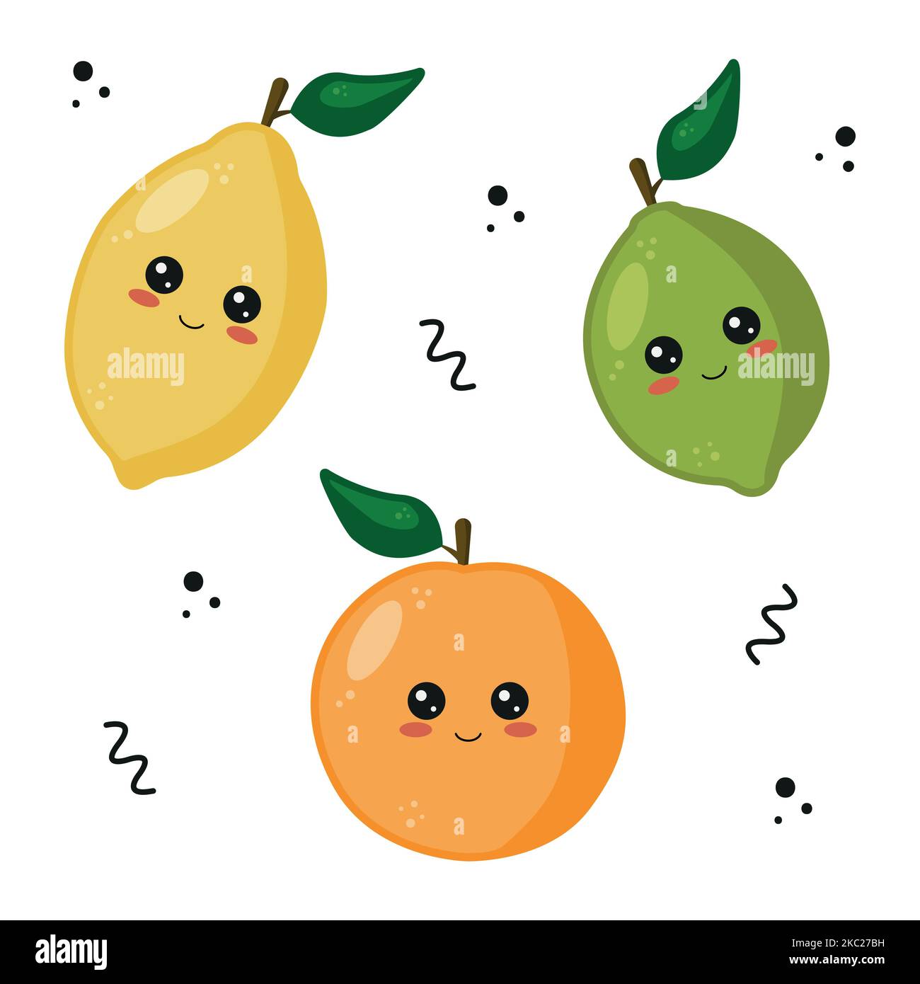 Kawaii-Zitrusfrüchte. Niedliche Cartoon-Früchte mit lustigen kawaii Gesichter. Zitrone, Orange und Limette. Vektorgrafik in flachem Stil isoliert auf weißem Hintergrund. Stock Vektor