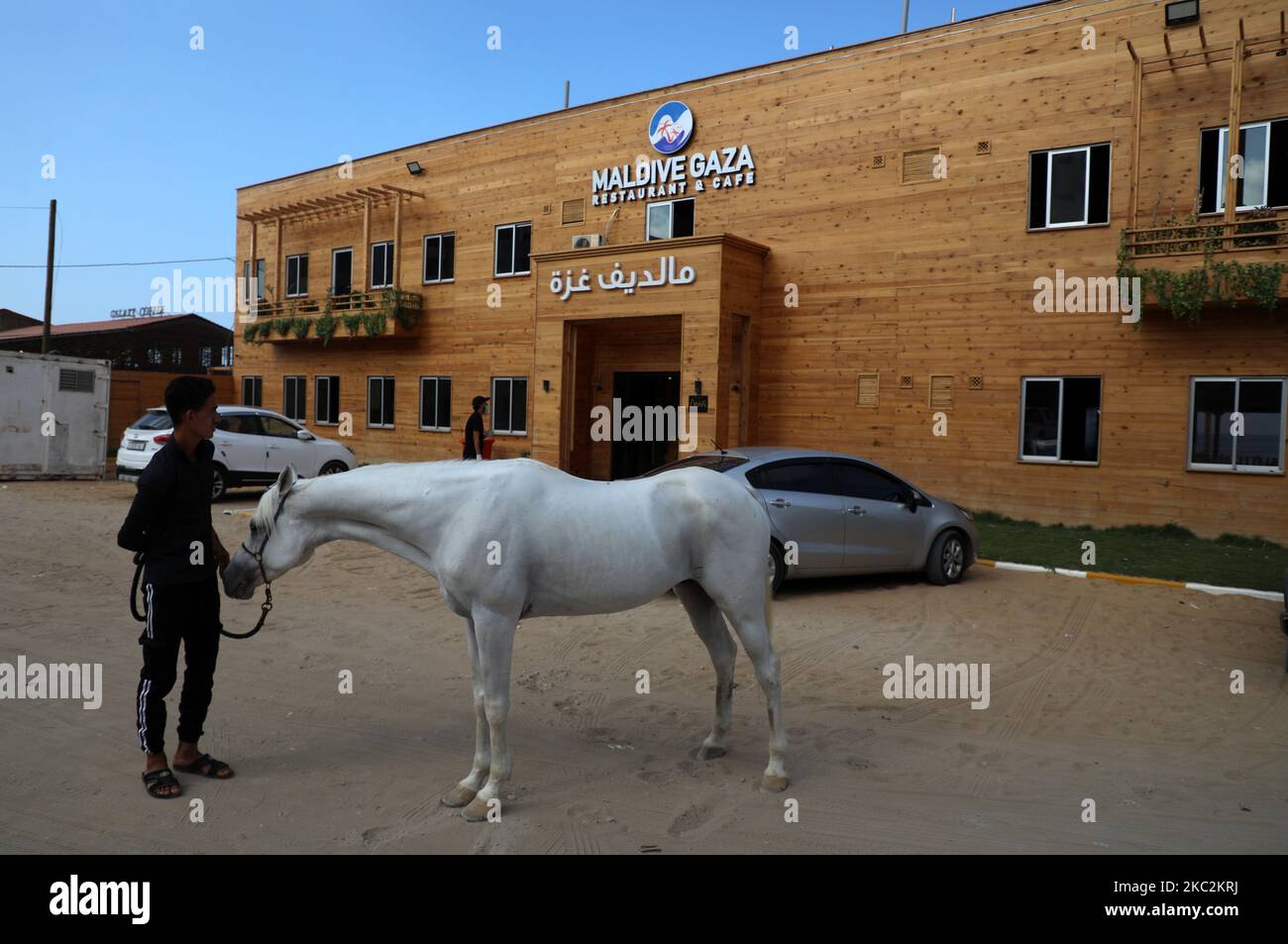 Ein palästinensischer Jugendlicher führt sein Pferd in Gaza-Stadt, 26. Oktober 2020. (Foto von Majdi Fathi/NurPhoto) Stockfoto