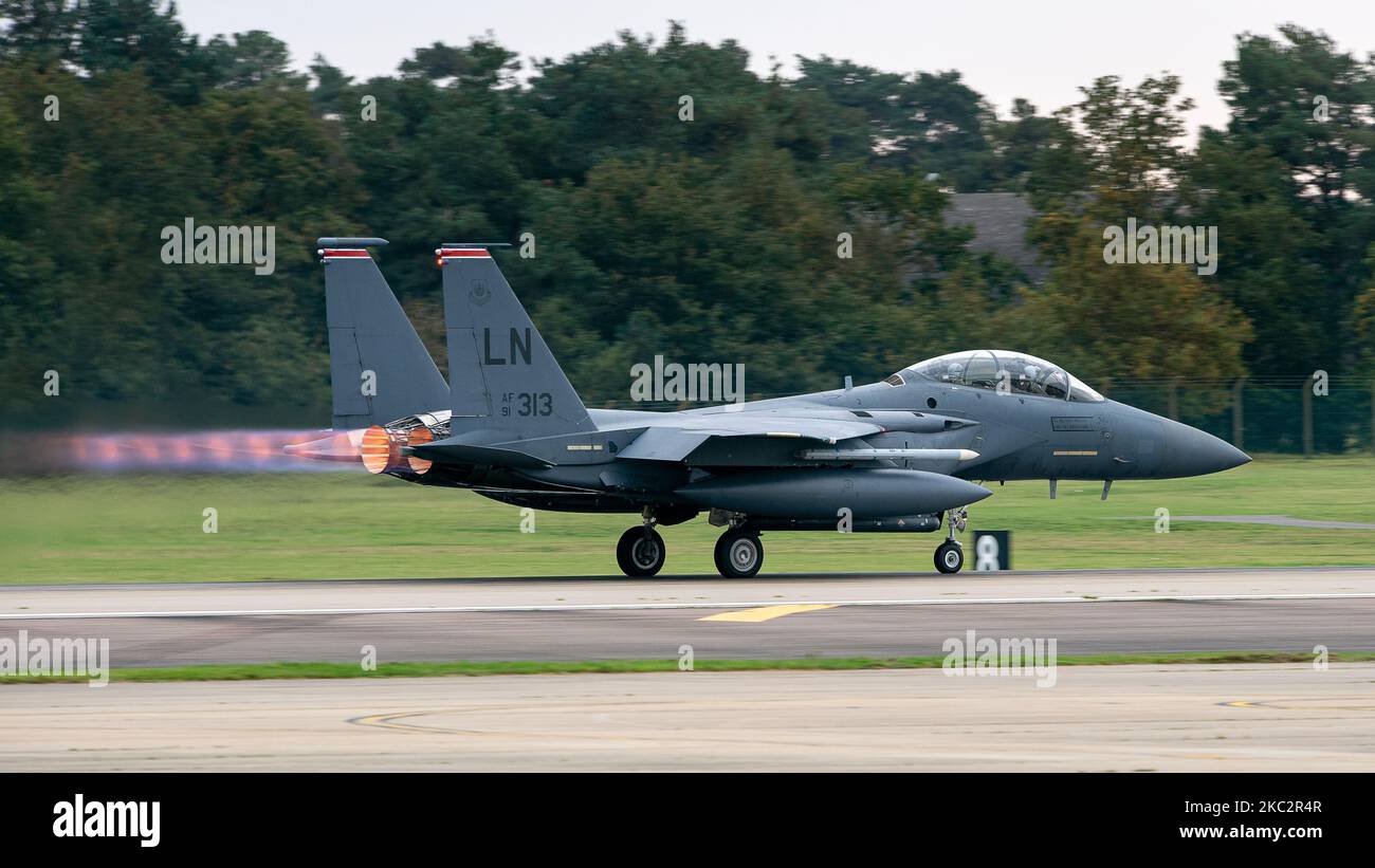 LN AF 91 313 US Air Force McDonnell Douglas F-15E Schlag Adler des 494. Fighter Squadron (Panthers) 48. Fighter Wing RAF Mildenhall. Montag, 19. Oktober 2020. (Foto von Jon Hobley/MI News/NurPhoto) Stockfoto