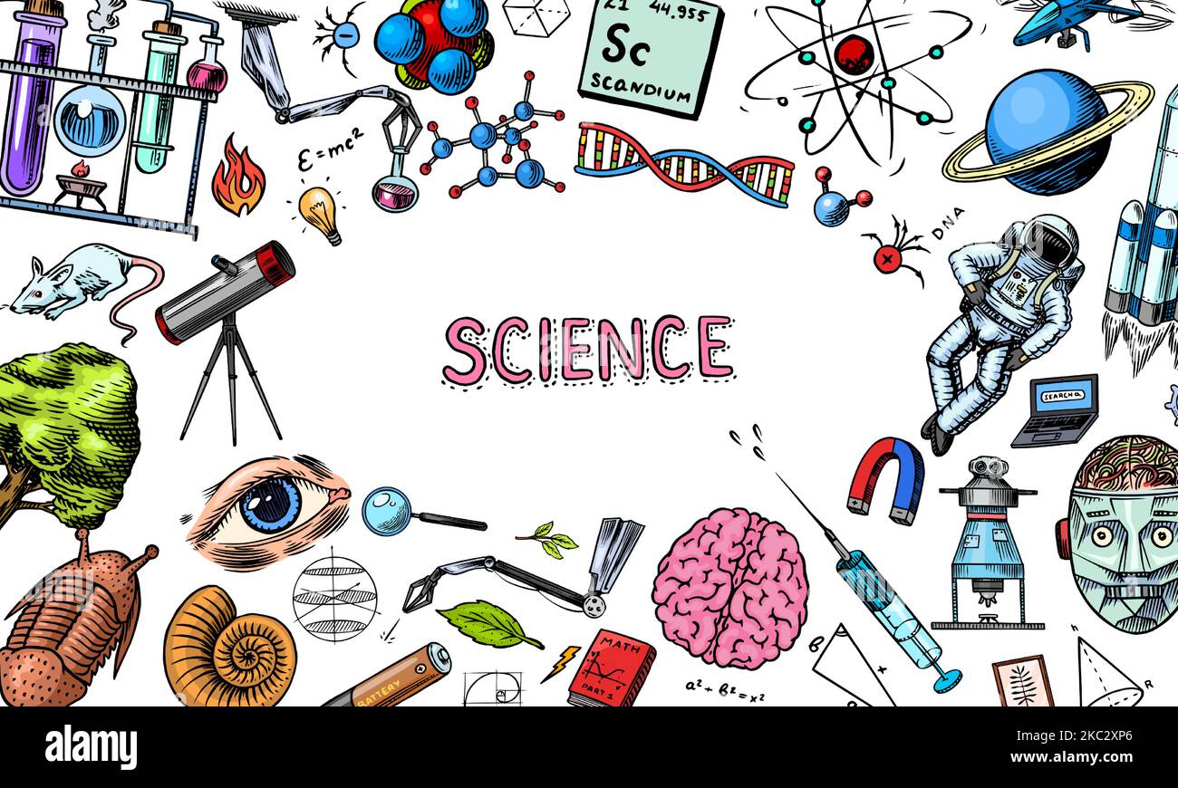 Science-Banner. Handgraviert in alten Skizzen und Vintage-Stil gezeichnet. Astronaut und Rakete. Wissenschaftliche Formeln und Berechnungen in der Physik und Stock Vektor