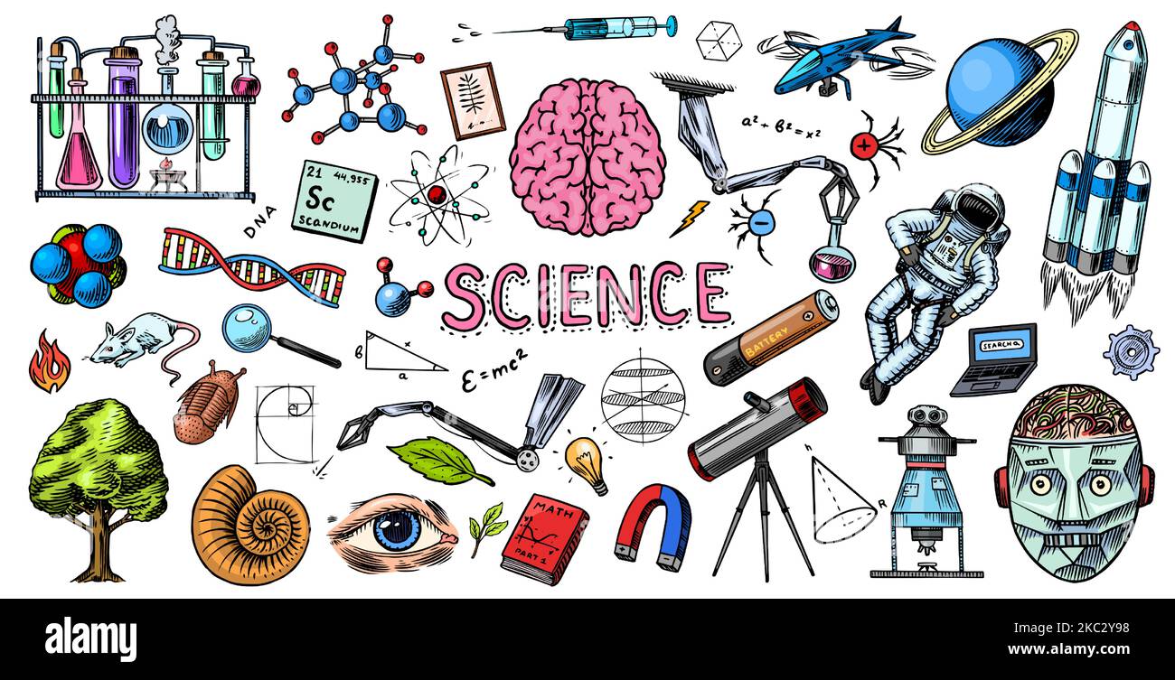 Science-Banner. Handgraviert in alten Skizzen und Vintage-Stil gezeichnet. Astronaut und Rakete. Wissenschaftliche Formeln und Berechnungen in der Physik und Stock Vektor
