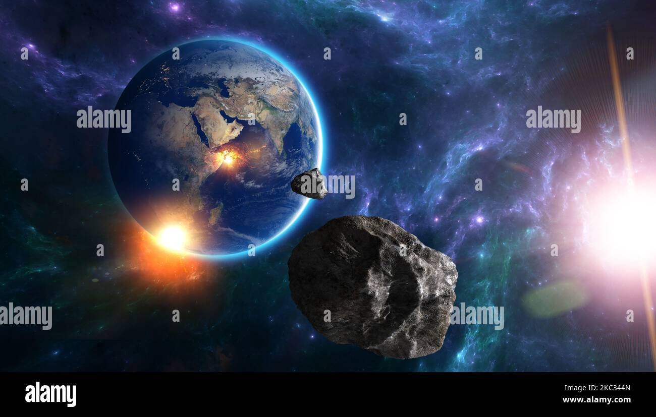 Meteorit nähert sich der Erde, Kollisionskurs. Aeroid. Mögliche Kollision mit der Erdatmosphäre. 3D Rendern Stockfoto