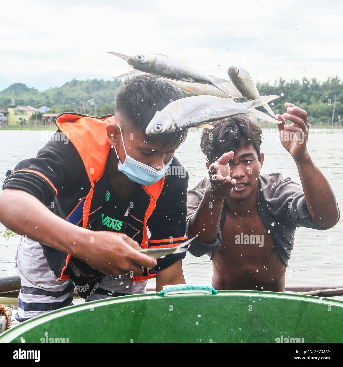 Wegen der starken Taifun Rolly verkaufen Kleinfischer in Binangonan, Rizal, Philippinen, Bangus am 2. November 2020. Der Binangonan Fish Port wird durch den Taifun Rolly zerstört. (Foto von Ryan Eduard Benaid/NurPhoto) Stockfoto