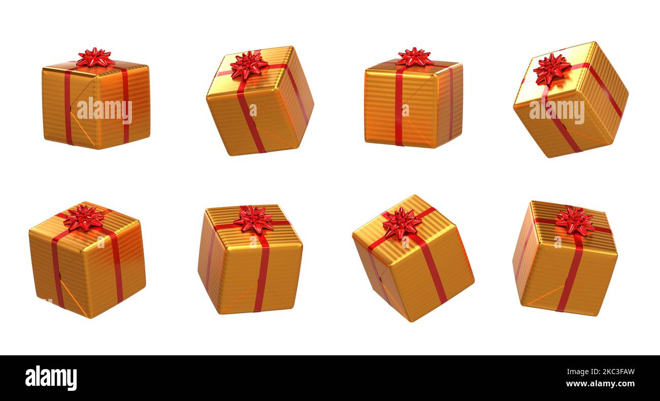 goldene weihnachtsgeschenke auf weißem Hintergrund, verschiedene Blickwinkel - 3D Rendering Stockfoto