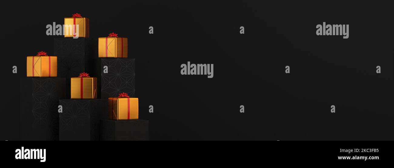 goldene weihnachtsgeschenke auf dunklem Hintergrund, verschiedene Blickwinkel - 3D Rendering Stockfoto