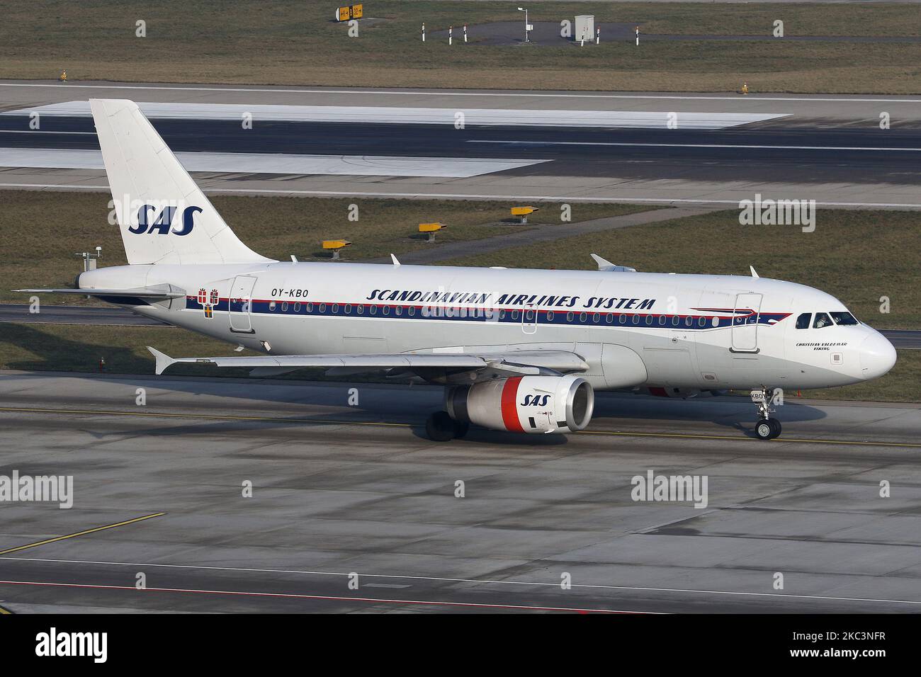 Ein skandinavischer Airbus A319-Rückflugjet des Air Service am Flughafen Zürich-Kloten, Schweiz, am 23. Januar 2019. (Foto von Robert Smith/MI News/NurPhoto) Stockfoto