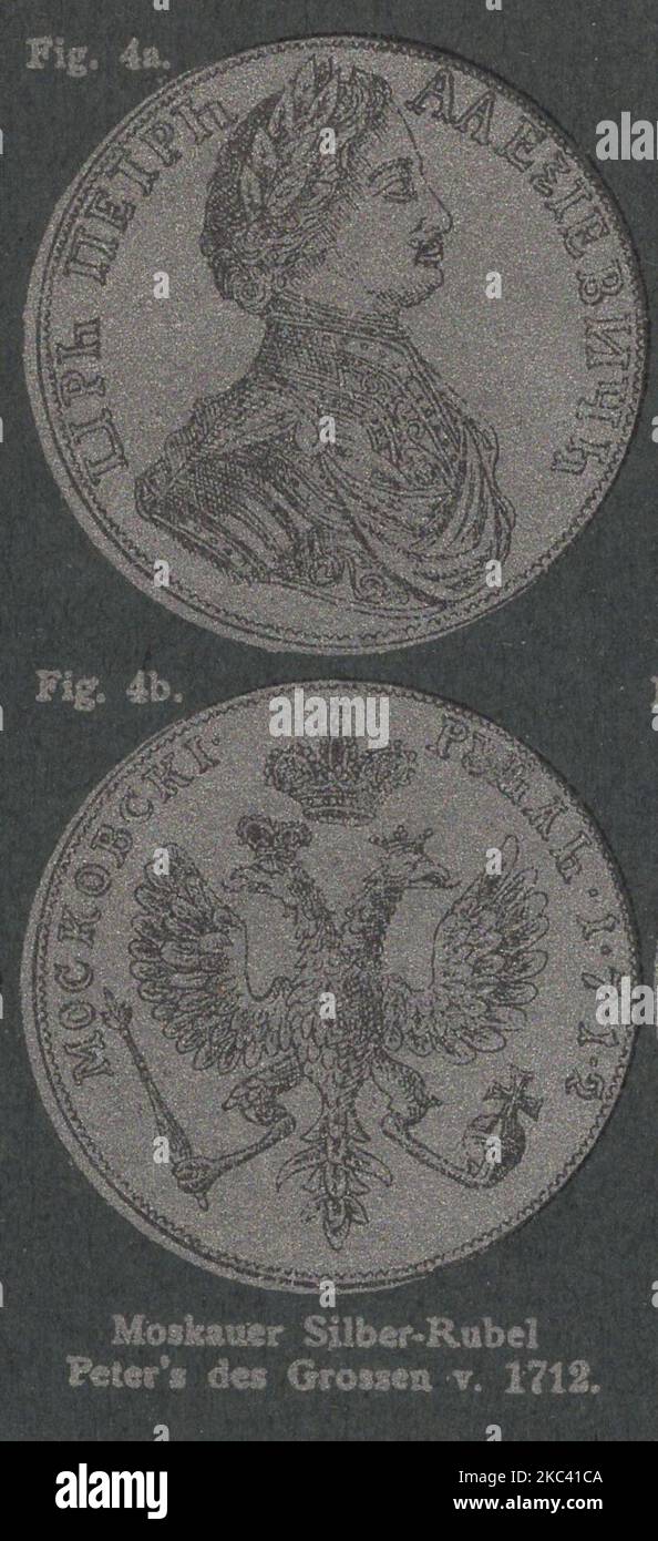 Antiker numismatischer illustrierter Katalog aus dem 19. Jahrhundert mit interessanten Drucktechniken / Antiker numismatischer illustrierter Katalog aus dem 19. Jahrhundert mit interessanter Drucktechnik : Moskauer Silber Rubel Peter's des Grossen V 1712 / Peter der große Moskauer Silberrudel V 1712 / Zar / Kaiser von Russland Stockfoto