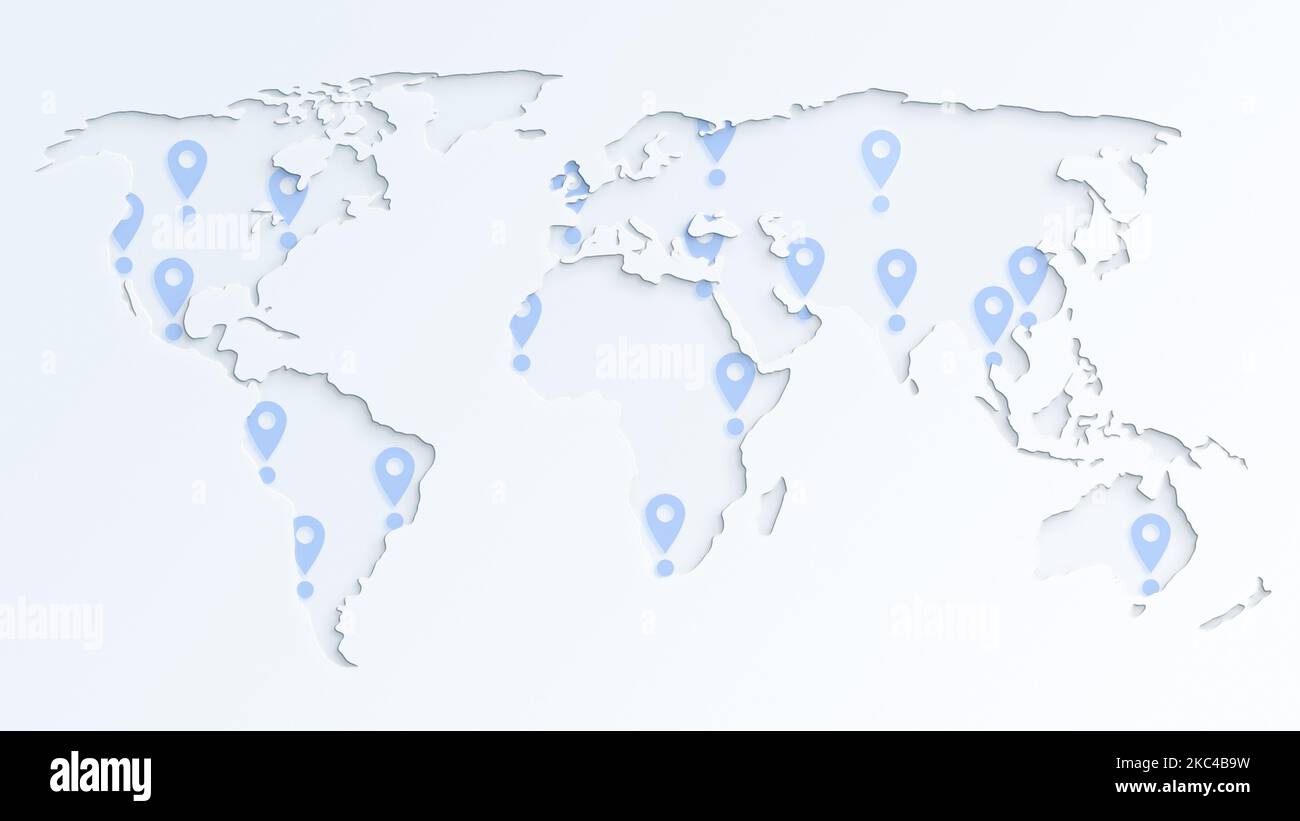 Hellgraue Weltkarte mit blauen Kartennadelsymbolen auf fast weißem Hintergrund. Papier ausschneiden Effekt. 4K Auflösung. Stockfoto