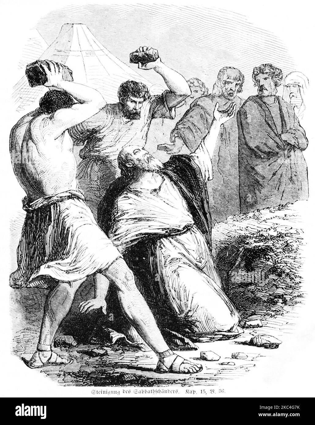 Die Gemeinde steinigte den Entweiser von Sabbath mit Steinen zu Tode, Steinigung des Sabbath-Schänders, Kapitel15 , Vers 36 Stockfoto