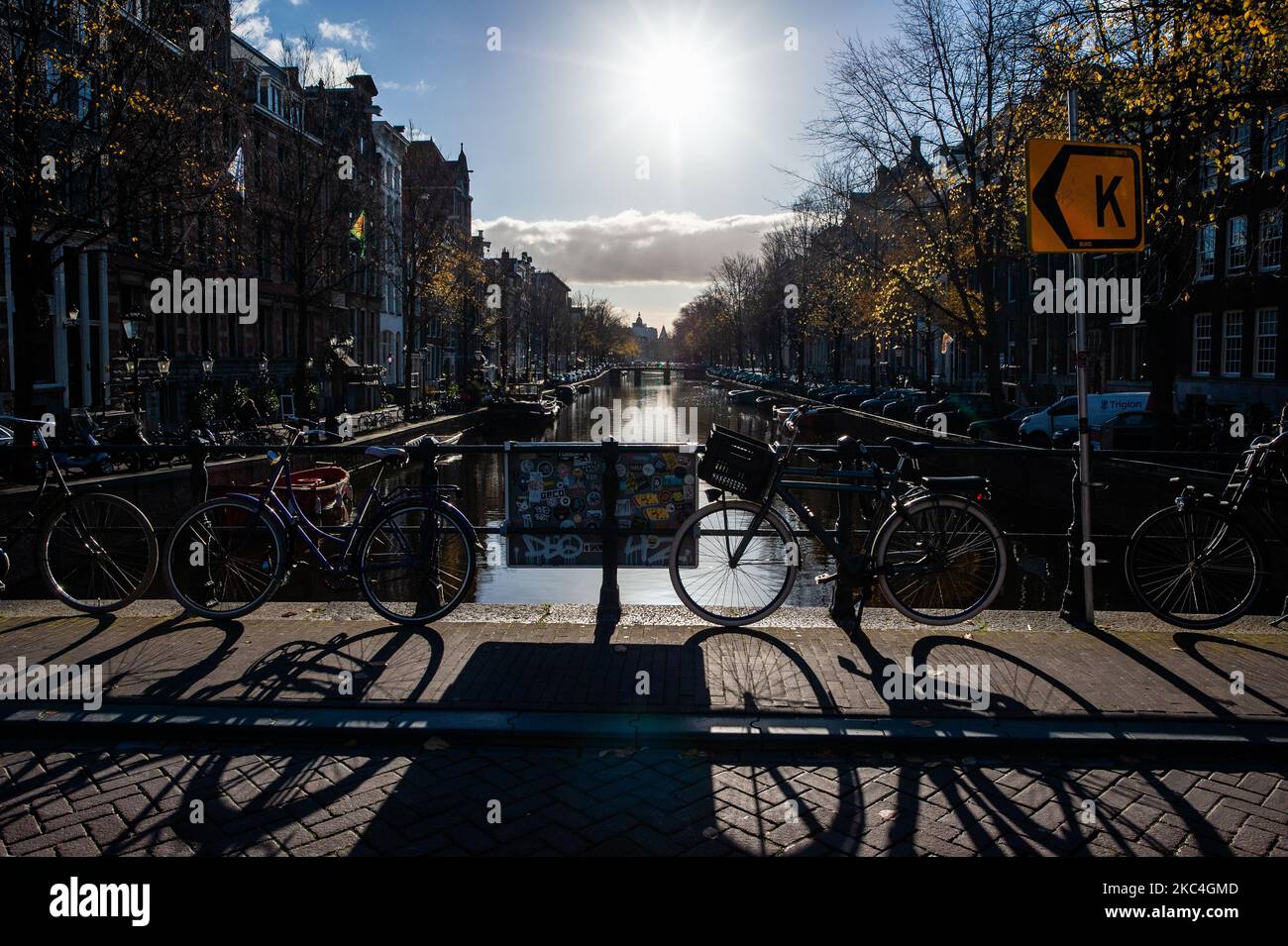 Herengracht, eine der Straßen, in denen die Bäume gefällt werden, vom Abhauen abgeschnitten zu werden, im Zentrum von Amsterdam, am 23.. November 2020. (Foto von Romy Arroyo Fernandez/NurPhoto) Stockfoto