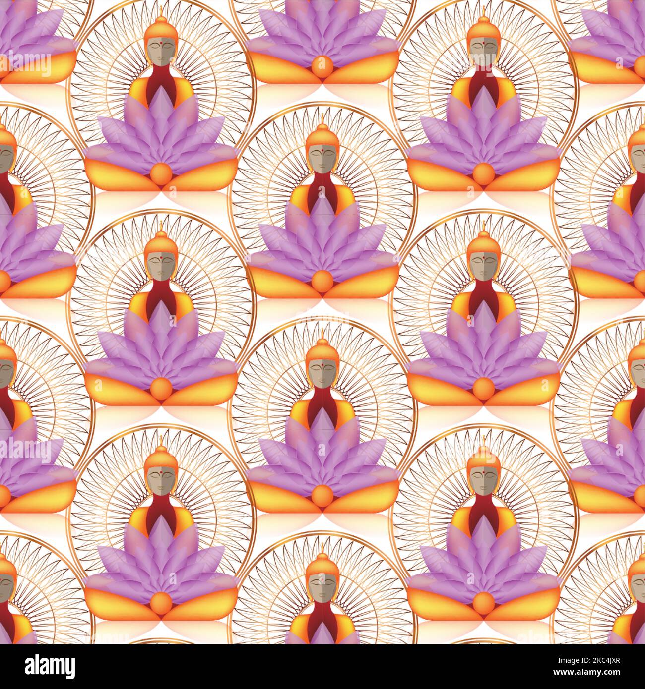 Nahtlos sitzender Buddha über goldenem Mandala und Lotusblumen. Esoterische Vektorgrafik. Vintage dekorative Kultur Hintergrund. Indisch, Buddhismus, Stock Vektor