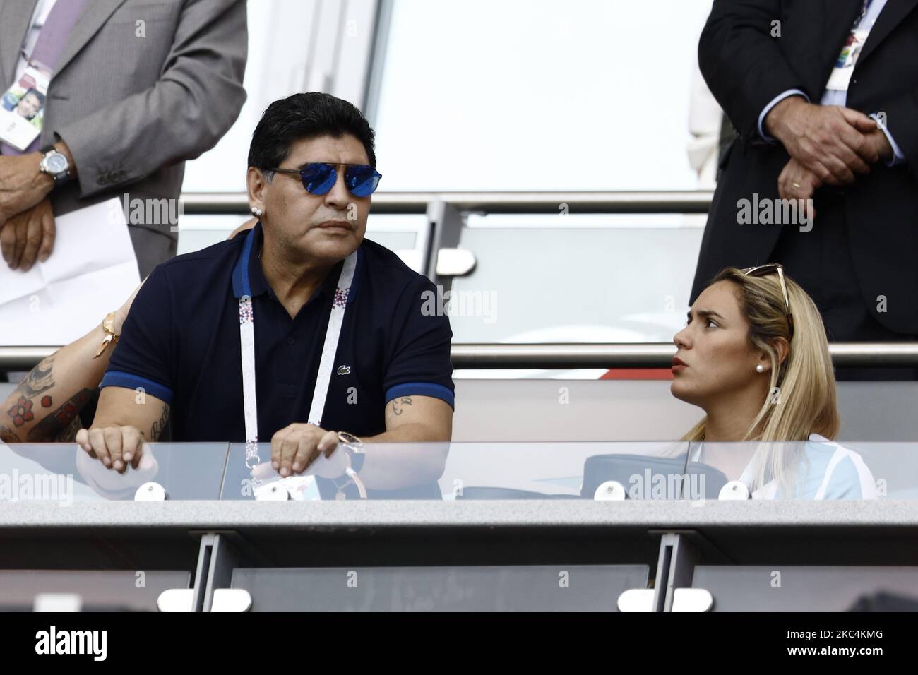 Diego Maradona während des Spiels der FIFA Fußball-Weltmeisterschaft Russland 16 zwischen Frankreich und Argentinien 2018 in der Kazan Arena am 30. Juni 2018 in Kazan, Russland. (Foto von Mehdi Taamallah/NurPhoto) Stockfoto
