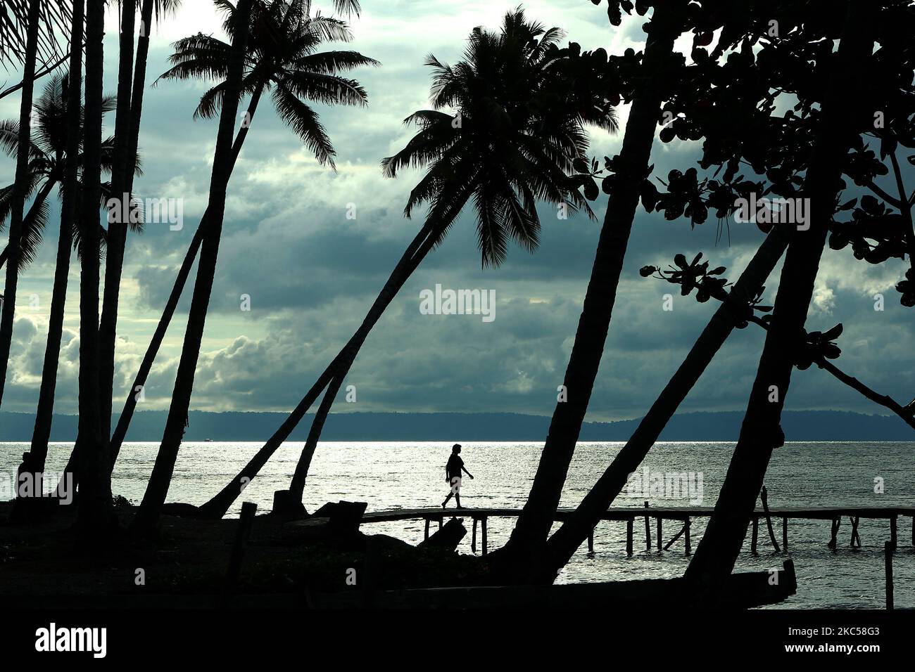 Silhouette einer Person, die auf einer Brücke mit Kokospalmen und einem Strand herumläuft. Stockfoto