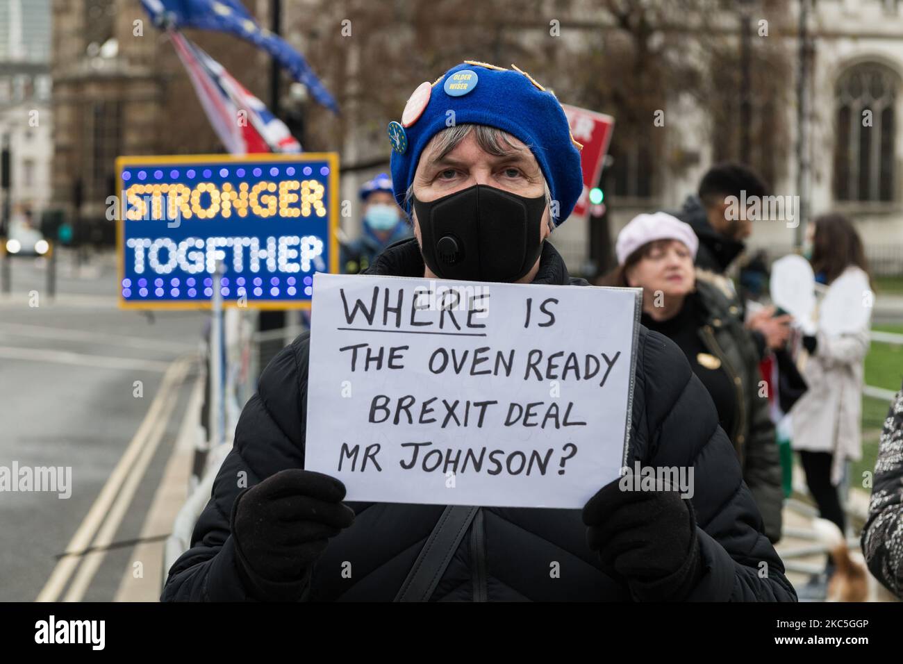 Pro-EU-Demonstranten protestieren am 09. Dezember 2020 in London, England, vor dem Parlament gegen den No-Deal-Brexit. Später heute wird der britische Premierminister Boris Johnson zu einem Abendessen mit der europäischen Kommissionspräsidentin Ursula von der Leyen nach Brüssel reisen, wo die Staats- und Regierungschefs versuchen werden, die Sackgasse bei den Verhandlungen über Handels- und Sicherheitsabkommen nach dem Brexit zu durchbrechen. (Foto von Wiktor Szymanowicz/NurPhoto) Stockfoto