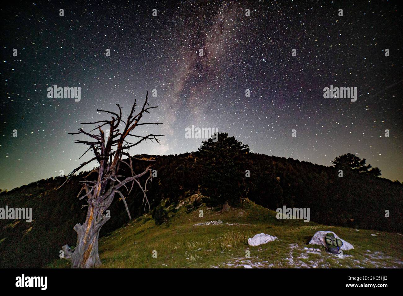 Milchstraße, aufgenommen mit Langzeitbelichtungstechnik. Die Milchstraße ist der sichtbare Teil unserer Galaxie, der unser Sonnensystem enthält, wie sie in der Nacht vom Olymp, dem mythischen Berg in der altgriechischen Kultur, zwischen der Petrostruuga-Hütte und dem Skourta-Gipfel, auf dem Wanderweg über 2000m m über dem Meeresspiegel in Griechenland während der Nacht zu sehen ist. Nachtlandschaft mit Bäumen, Wald, Gipfeln mit farbenfroher Milchstraße-Himmelskuppel, wolkenloser Himmel auf Bergen mit dem Sternenhimmel mit Hügeln im Sommer mit dem wunderschönen Universum und Weltraum-Hintergrund. Olympus Mountain National Park, Griechenland - Oktober Stockfoto