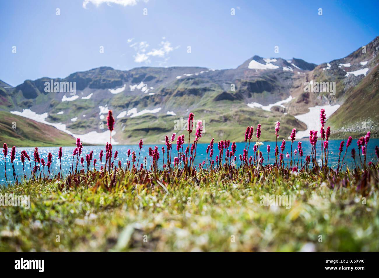 Der Dudipatsar Lake, auch bekannt als Dudipat Lake, ist ein See, der von schneebedeckten Gipfeln im Lulusar-Dudipatsar National Park umgeben ist. Stockfoto