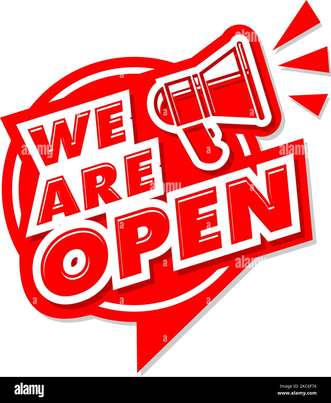 Roter Aufkleber Wir sind mit Megaphon für Webseite oder Fassadentür geöffnet. Vektor auf transparentem Hintergrund Stock Vektor