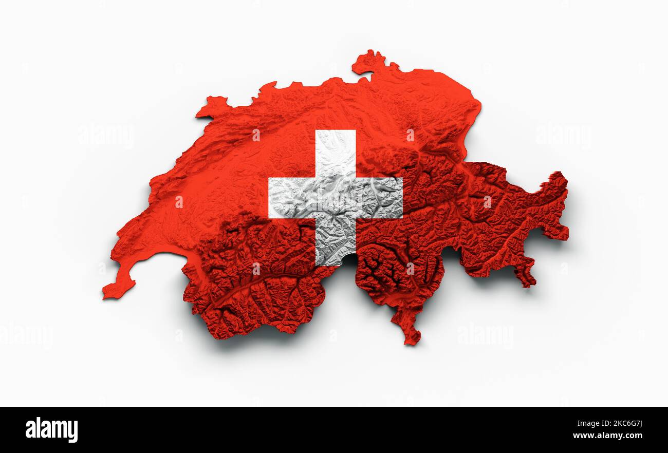 Ein 3D Rendering von Schweiz Karte Flagge schattiertes Relief Farbe Höhenkarte auf weißem Hintergrund Stockfoto