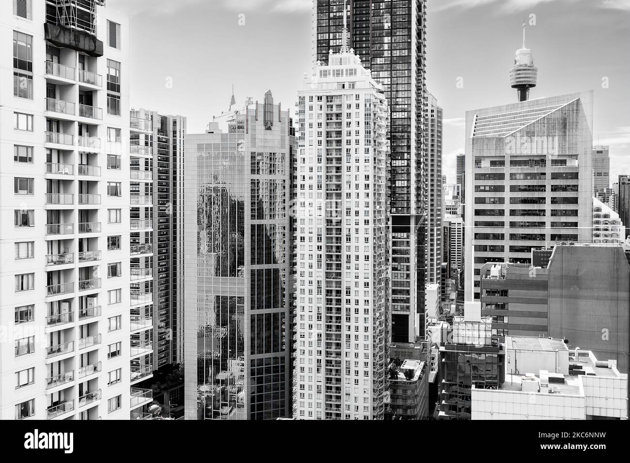 Schwarz-weiße Hochhäuser für Geschäfts- und Wohnhäuser im zentralen geschäftsviertel der Stadt Sydney stehen in einem Kontrast zur Höhe der Luft. Stockfoto