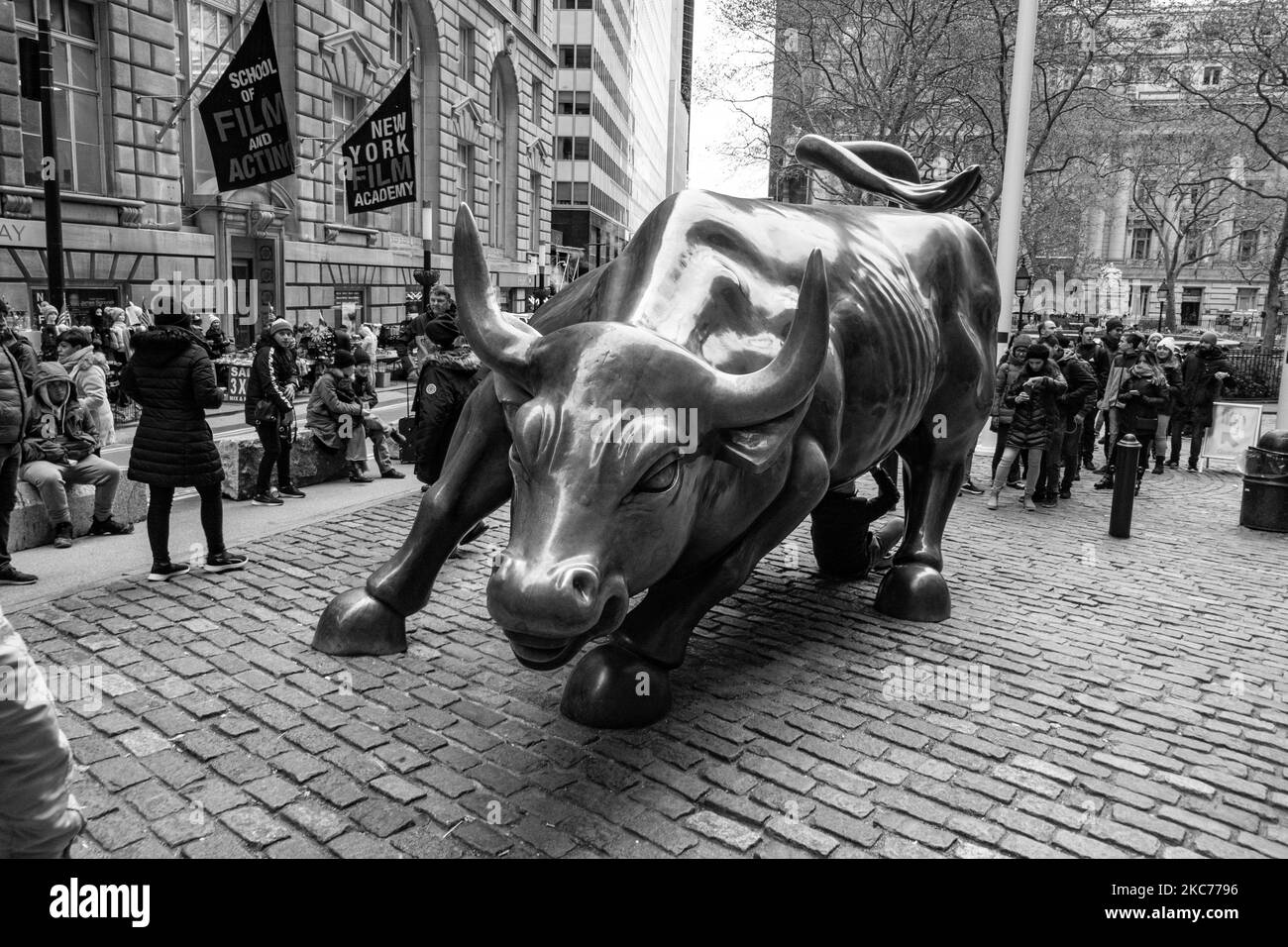 Schwarz-Weiß-Schwarzweißbild der Bronze-Skulptur Charging Bull, auch bekannt als Wall Street Bull oder Bowling Green Bull in New York City, mit Touristen, die Fotos machen, da es ein Wahrzeichen, ein Touristenziel ist, Eine beliebte Attraktion und Symbol für Wall Street und Financial District sowie mit aggressivem finanziellen Optimismus und Wohlstand, Reichtum und Glück, befindet sich am Broadway im Financial District von Manhattan. Es wurde von Arturo Di Modica im Jahr 1989 geschaffen. New York, USA am 2019. November (Foto von Nicolas Economou/NurPhoto) Stockfoto