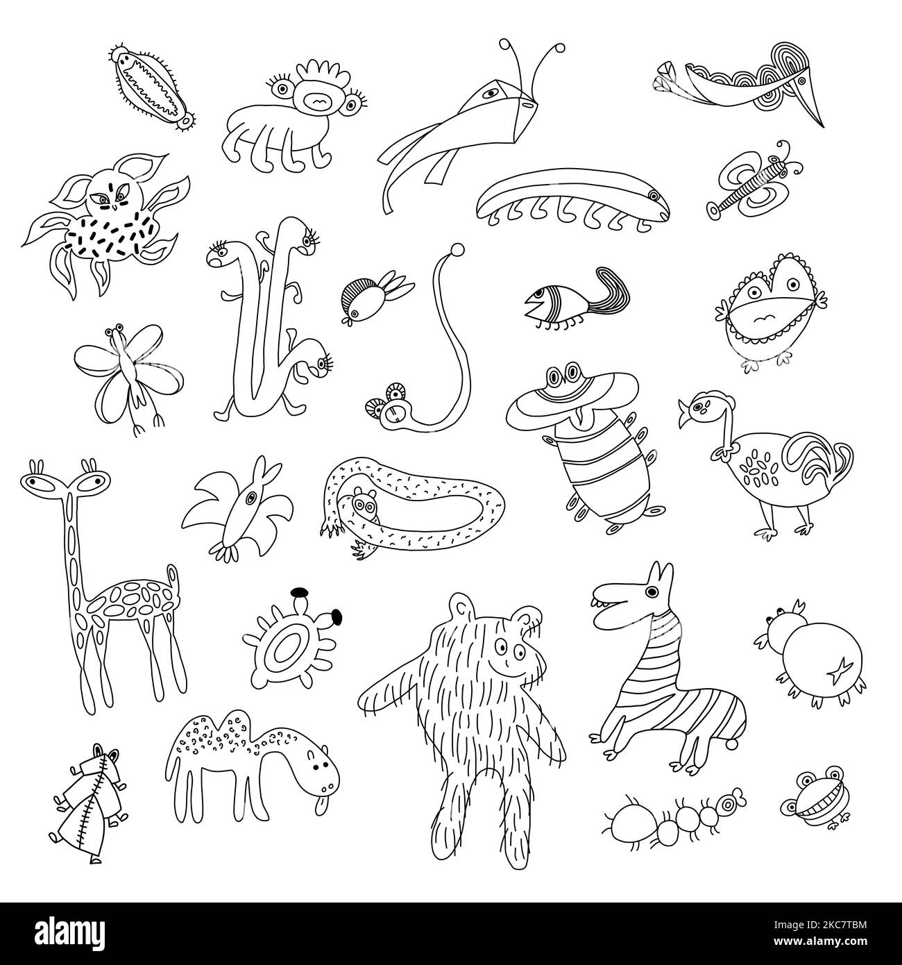 Set von einzigartigen fantastischen seltsamen Tieren. Figuren im Doodle-Stil. Stock Vektor