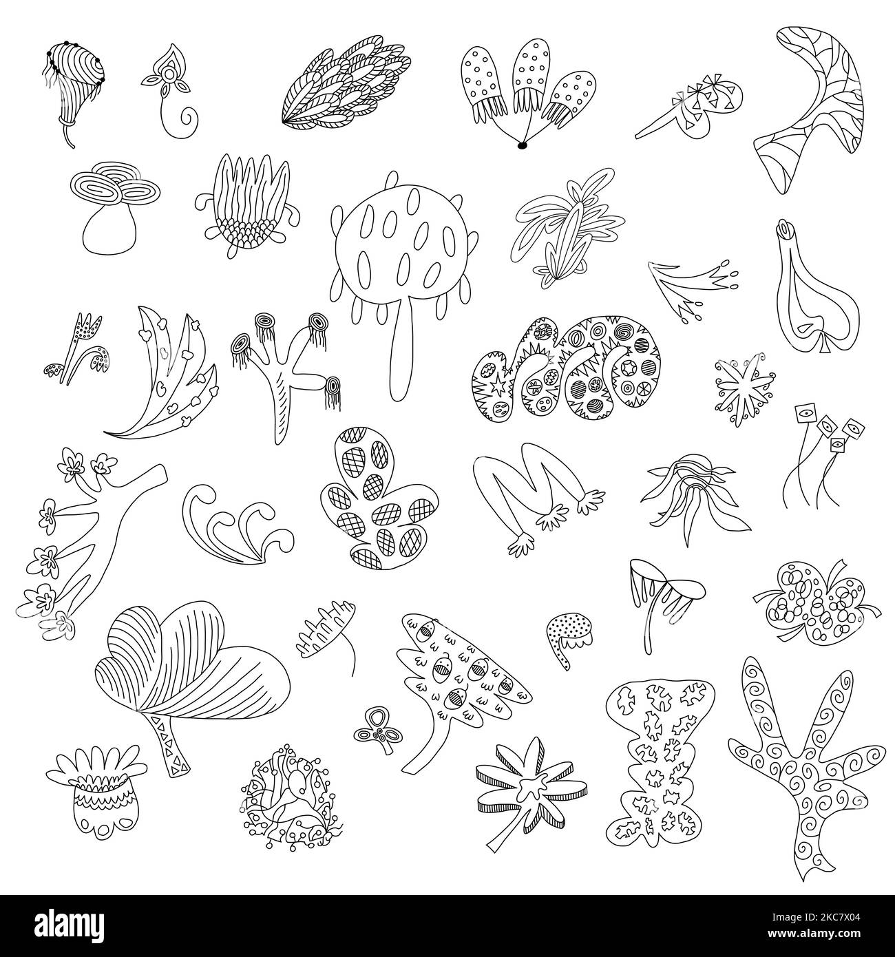 Set von einzigartigen fantastischen seltsamen Pflanzen. Zeichnungen im Doodle-Stil. Stock Vektor