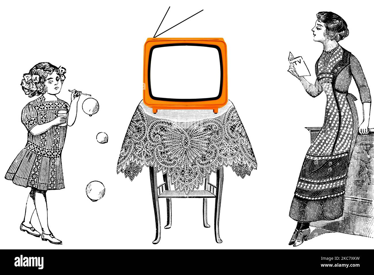 Retro alter Orange Fernseher auf einem Tisch mit Mama mit TV Guide und der Tochter, die Seifenblasen spielte, die darauf warteten, Fernsehen zu sehen. Illustration im Gravurstil Stockfoto