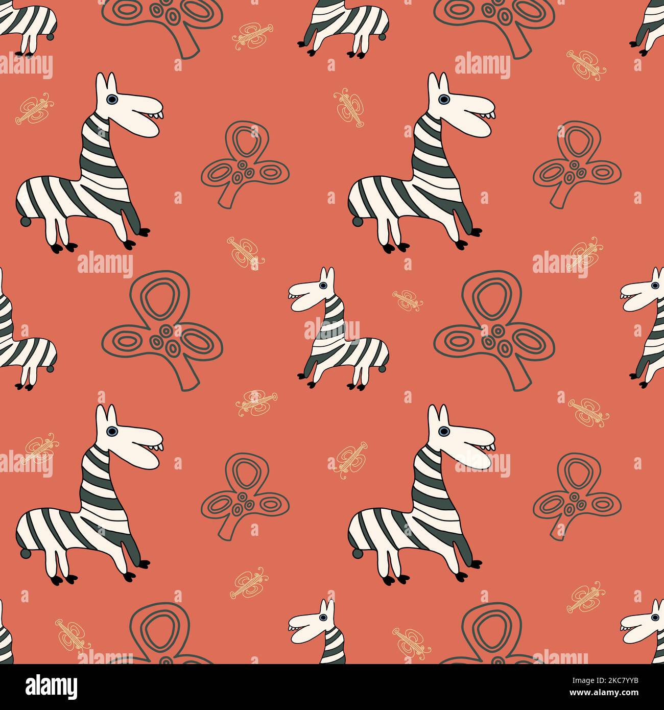Kindisch Stil Zebra Tiere nahtloses Muster auf orangefarbenem Hintergrund. Stock Vektor