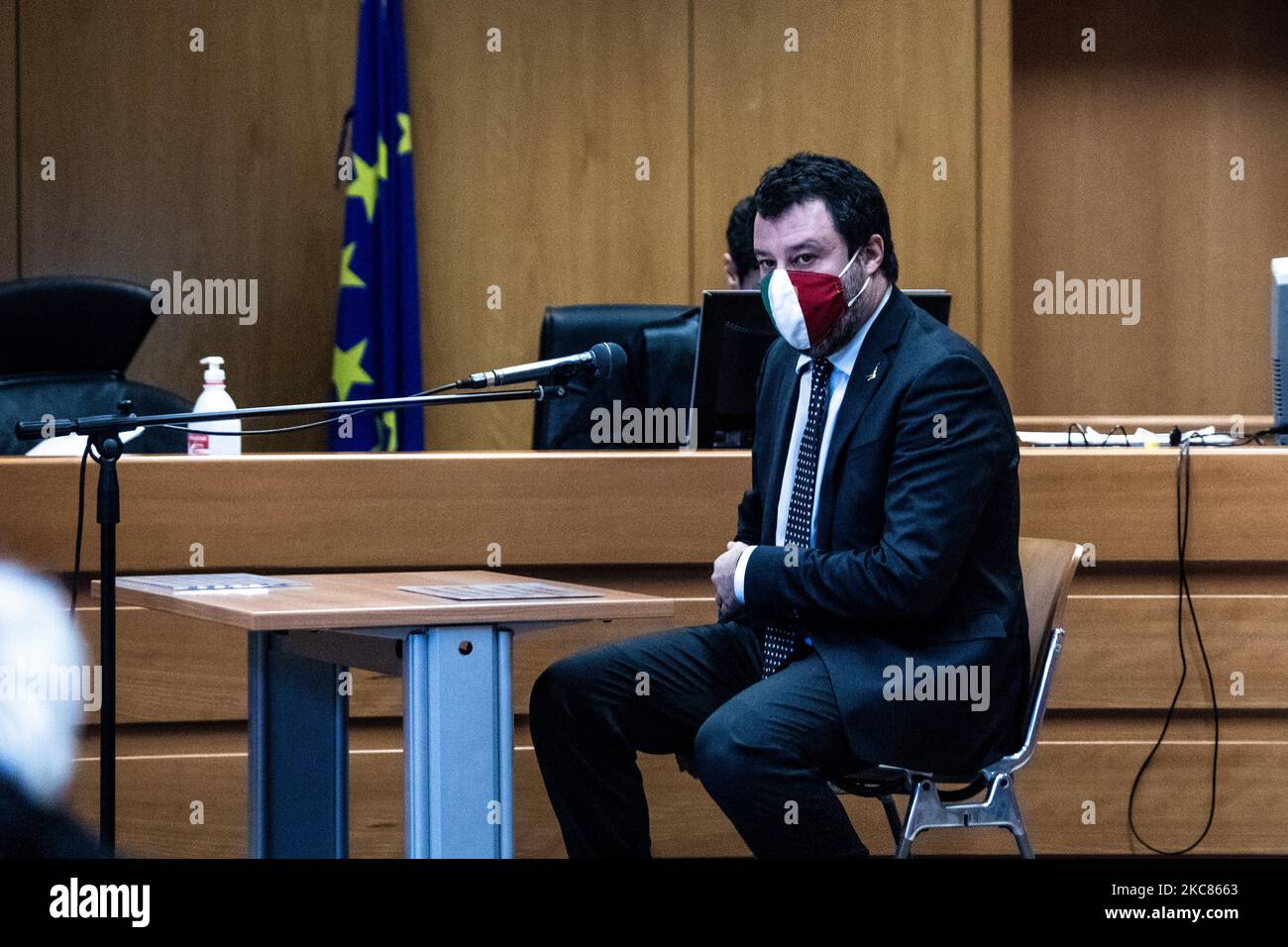 Matteo Salvini, Bundesminister der Nordliga und ehemaliger Innenminister bei der Anhörung des Turiner Gerichts wegen der Missachtung der italienischen Justizordnung am 25. Januar 2021 in Turin, Italien. (Foto von Mauro Ujetto/NurPhoto) Stockfoto