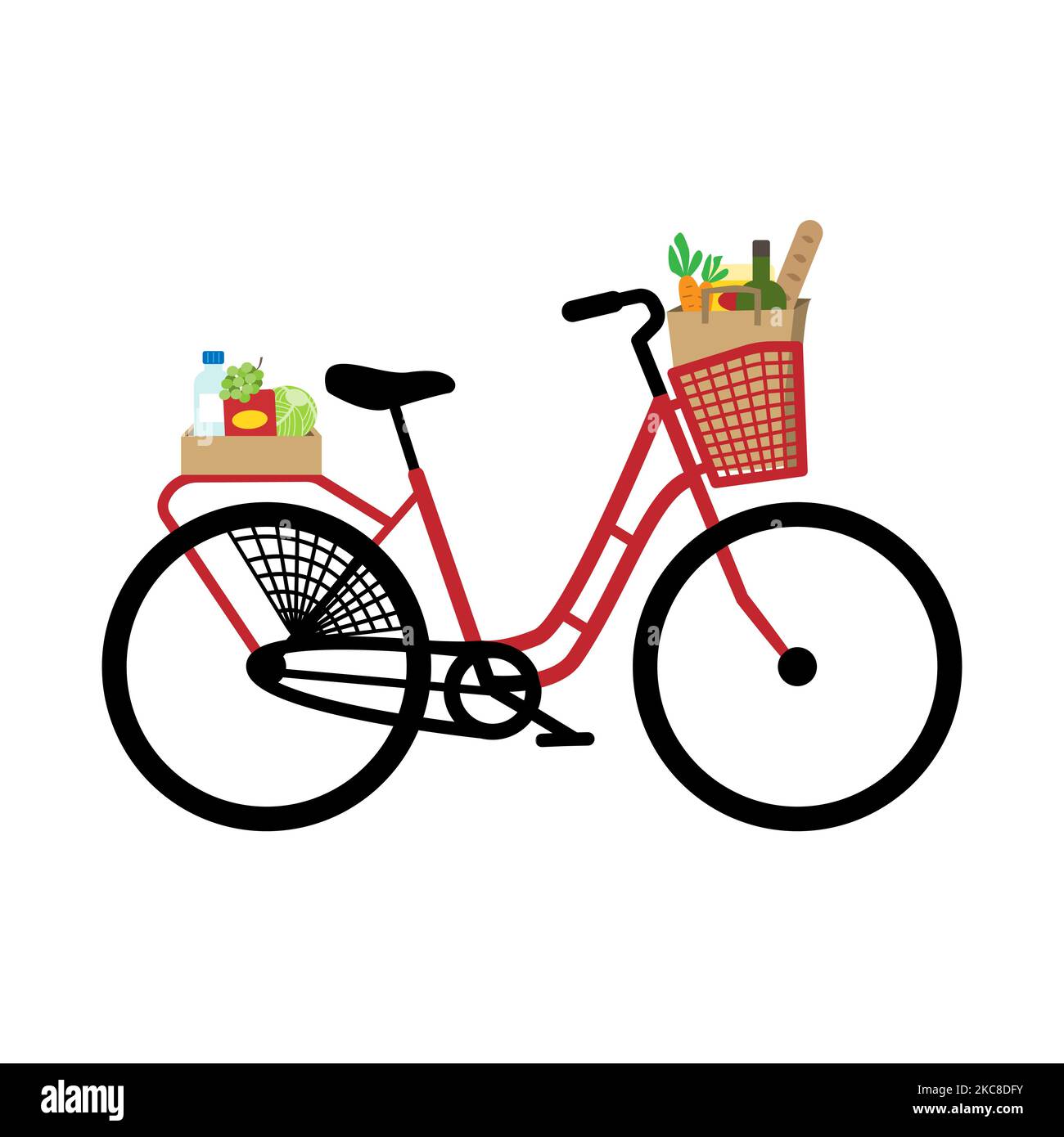 Retro-Fahrrad, das Lebensmittel auf Korb und Gepäckträger transportiert. Stock Vektor