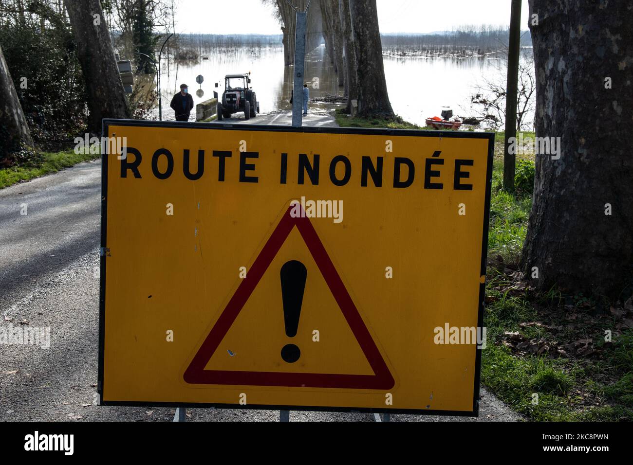 Eine allgemeine Ansicht von Lot-et-Garonne, der Garonne nach den historischen Überschwemmungen, in Lot-et-Garonne, Frankreich, am 5. Februar 2021. (Foto von Jerome Gilles/NurPhoto) Stockfoto