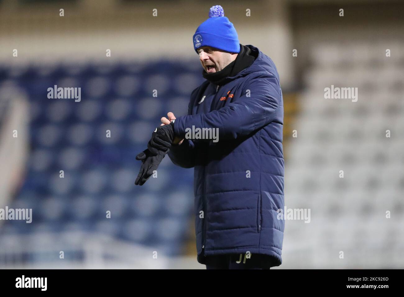 Joe Parkinson, der Hartlepool Assistant Manager, während des Vanarama National League-Spiels zwischen Hartlepool United und Solihull Moors am Dienstag, 9.. Februar 2021 im Victoria Park, Hartlepool. (Foto von Mark Fletcher/MI News/NurPhoto) Stockfoto