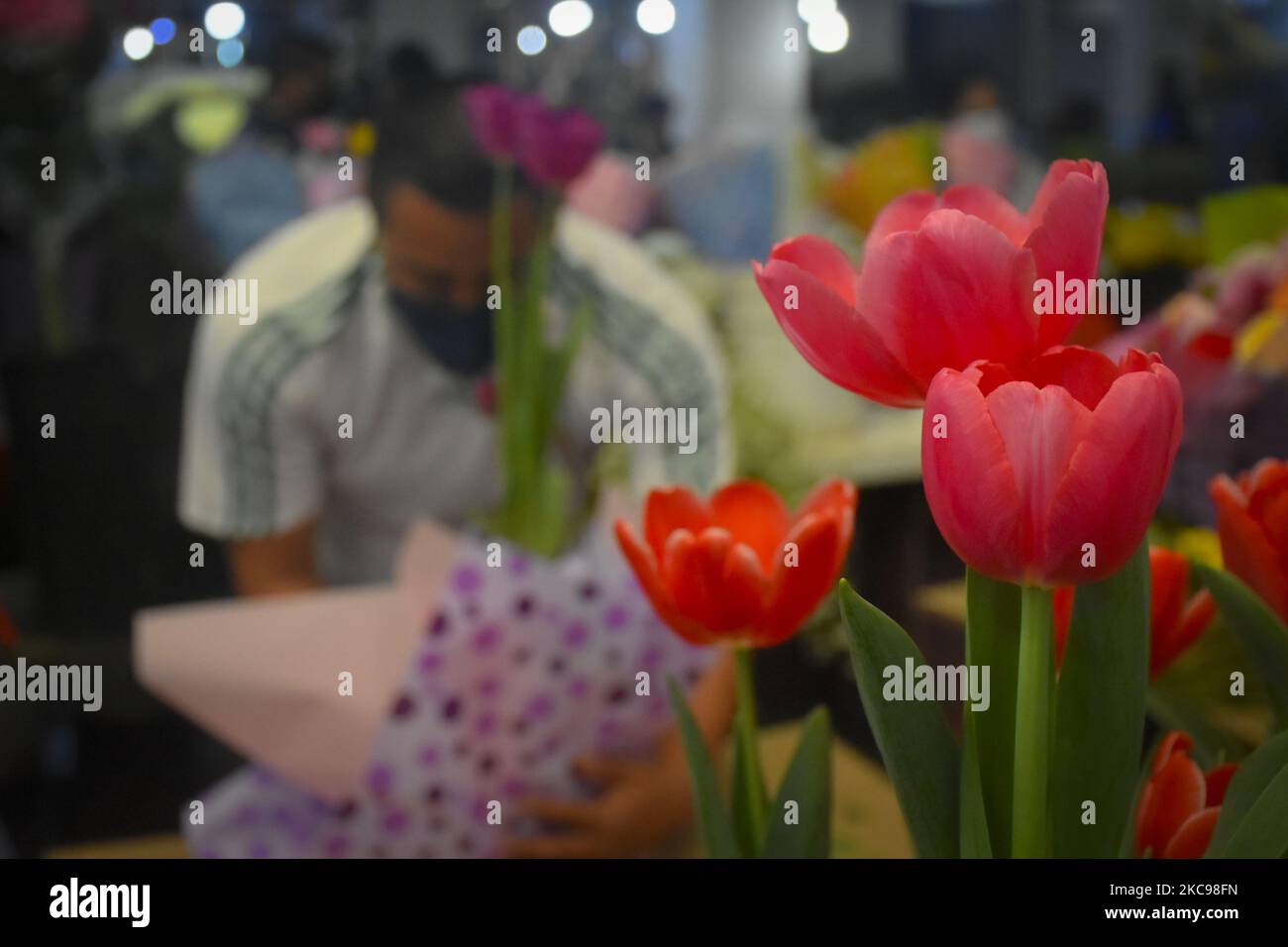 Detail von Tulpen auf dem Mercado Jamaica am 13. Februar 2020 in Mexiko-Stadt, Mexiko. Nach Angaben der Nationalen Industrie-, Dienstleistungs- und Tourismuskammern (Concanaco) ist der 14. Februar einer der Tage mit der größten wirtschaftlichen Aktivierung des Jahres, so dass im Jahr 2020 eine Ausschüttung von 17 Tausend 500 Millionen Pesos ausging. Aufgrund der Pandemie erwarten die Händler in diesem Jahr einen deutlich geringeren Umsatz als in den Vorjahren. (Foto von Guillermo GutiÃ©rrez/NurPhoto) Stockfoto