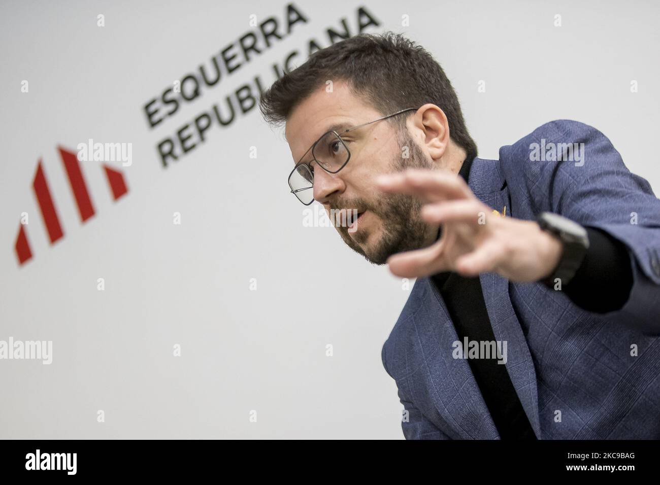 Pere Aragones, Leiter der Liste und Kandidat der Unabhängigkeitsbefürworter Esquerra Republicana de Catalunya (Kataloniens republikanische Linke) für die Präsidentschaft der Regierung von Katalonien bei den Wahlen vom 14. Februar 2021. In Barcelona, Katalonien, Spanien. Am 1. Februar 2021 in Barcelona, Spanien. (Foto von Albert Llop/NurPhoto) Stockfoto