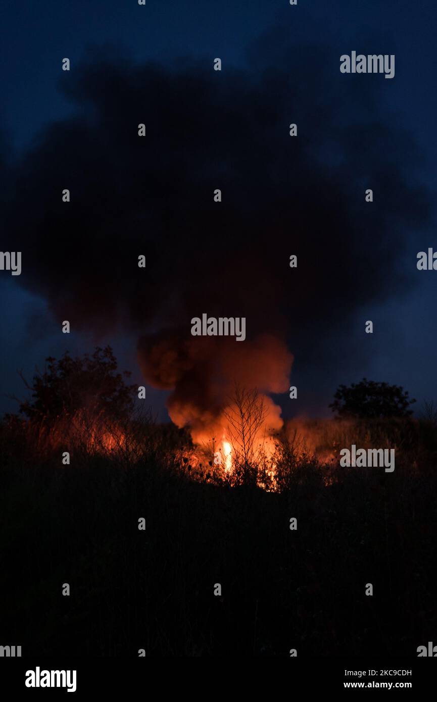 Dieses Foto vom 9. September 2019 zeigt ein giftiges Feuer in der Villa Ricca (Neapel), zwischen der Grenze von Giugliano in Kampanien (Neapel) und der Villa Literno (Caserta) im Zentrum des Terre dei Fuochi „Landes der Feuer“. Das „Land der Brände“ ist ein Gebiet der Region Kampanien zwischen Neapel und Caserta, das als solches von toxischen Abfallbränden und der Entzündung von Abfallbränden berichtet wird, die starke Auswirkungen auf die Gesundheit der lokalen Bevölkerung hatten. Die Staatsanwaltschaft von Neapel Nord (Gerichtsgebäude in Aversa) mit dem Istituto Superiore di Sanità hat das Ergebnis bestätigt Stockfoto