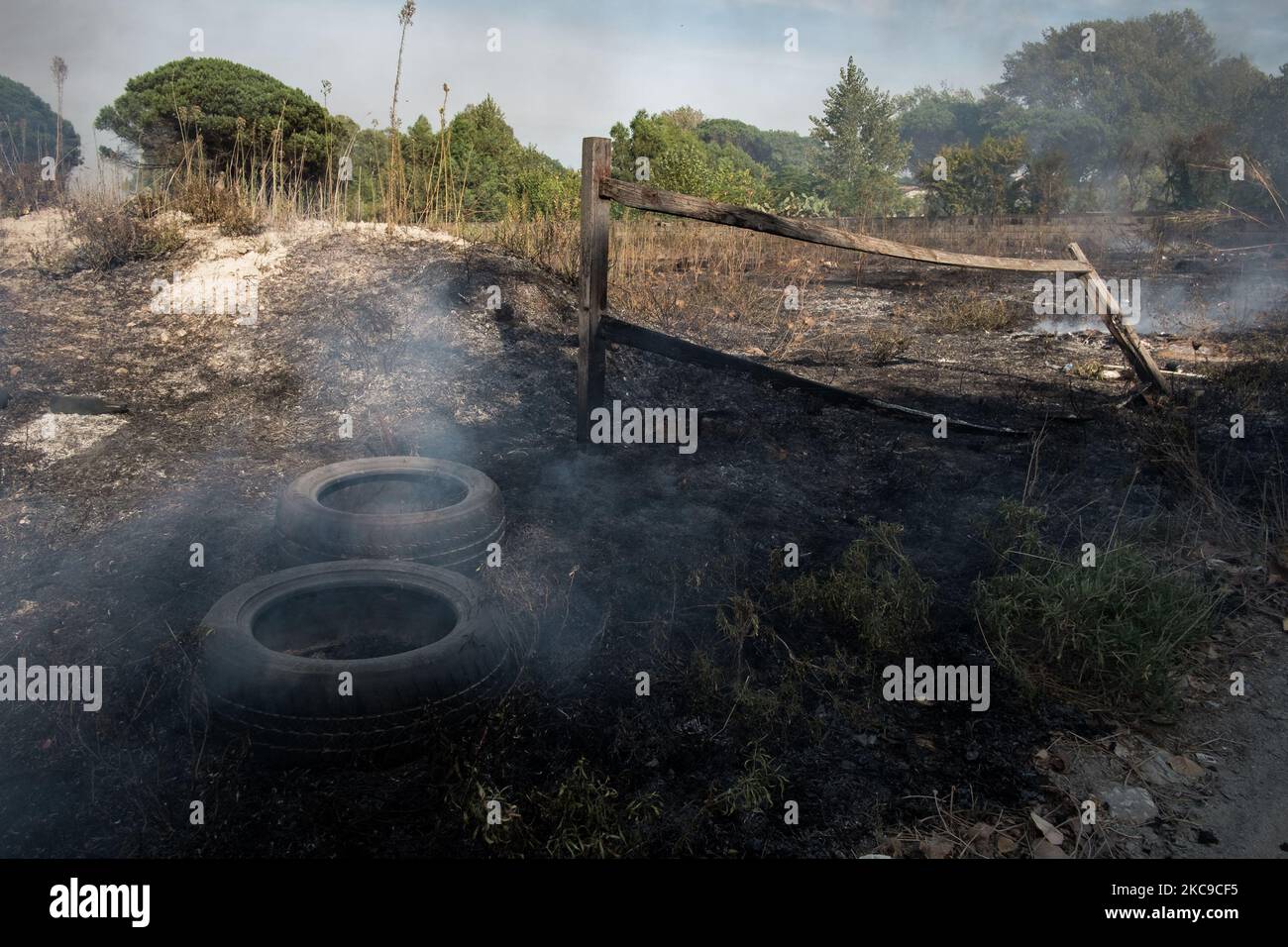 Dieses Foto vom 15. September 2019 zeigt die Überreste eines giftigen Feuers in der Villa Literno (Caserta), einer Folge des Terra dei Fuochi 'Land der Feuer'. Die „Terra dei Fuochi“ ist ein Gebiet der Region Kampanien zwischen Neapel und Caserta, das als solches durch giftige Abfallbrände und die Auslösung von Abfallbränden gekennzeichnet ist, die sich stark auf die Gesundheit der lokalen Bevölkerung ausgewirkt haben. Die Staatsanwaltschaft von Neapel Nord (Gerichtsgebäude in Aversa) mit dem Istituto Superiore di Sanit hat den schlüssigen Bericht über die Beziehung zwischen den Presen bestätigt Stockfoto