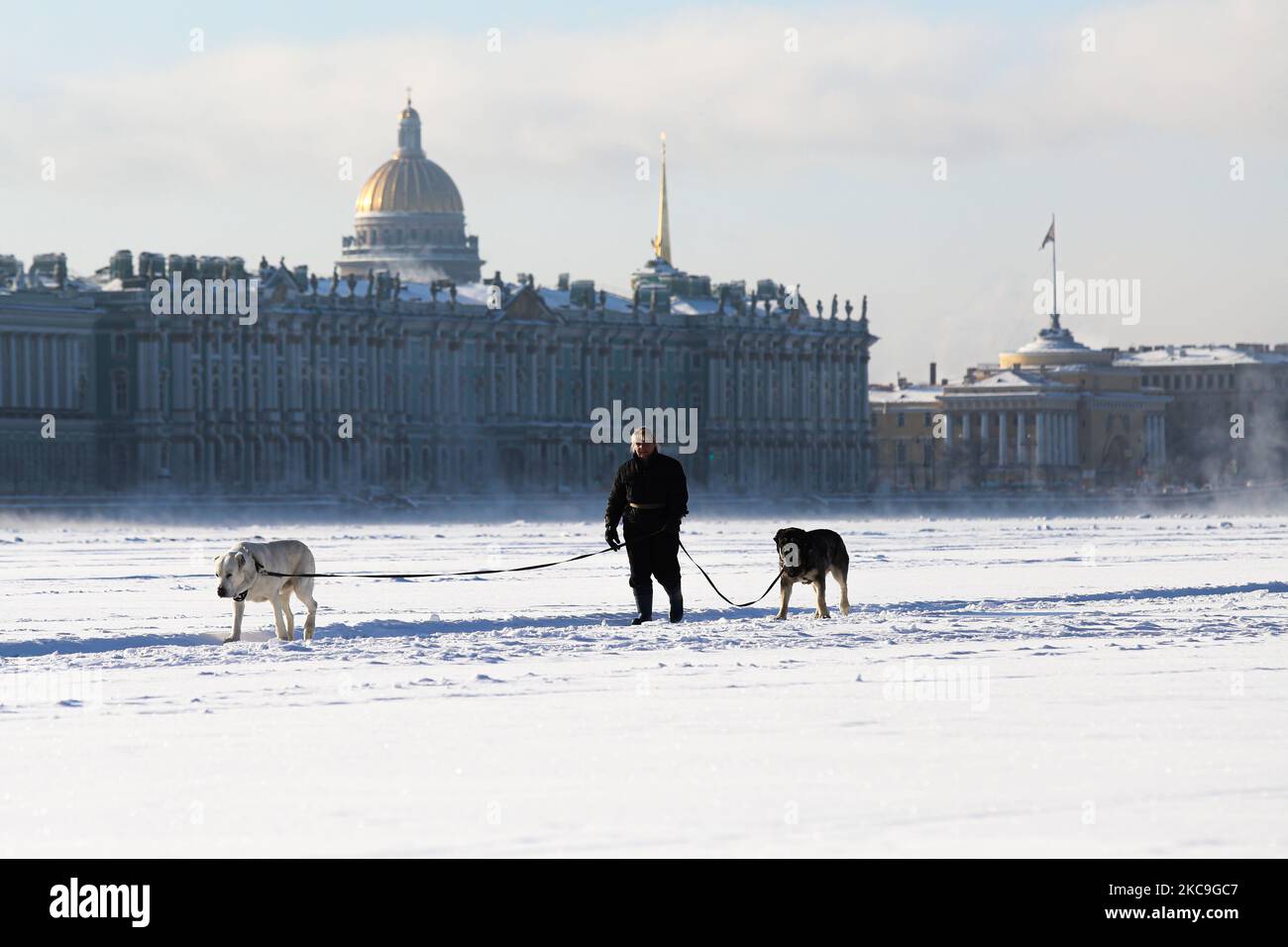 Eine Frau mit Hunden geht am 18. Februar 2021 am gefrorenen Fluss Neva in St. Petersburg, Russland, spazieren. Die Lufttemperatur sank auf -27 Grad. (Foto von Valya Egorshin/NurPhoto) Stockfoto