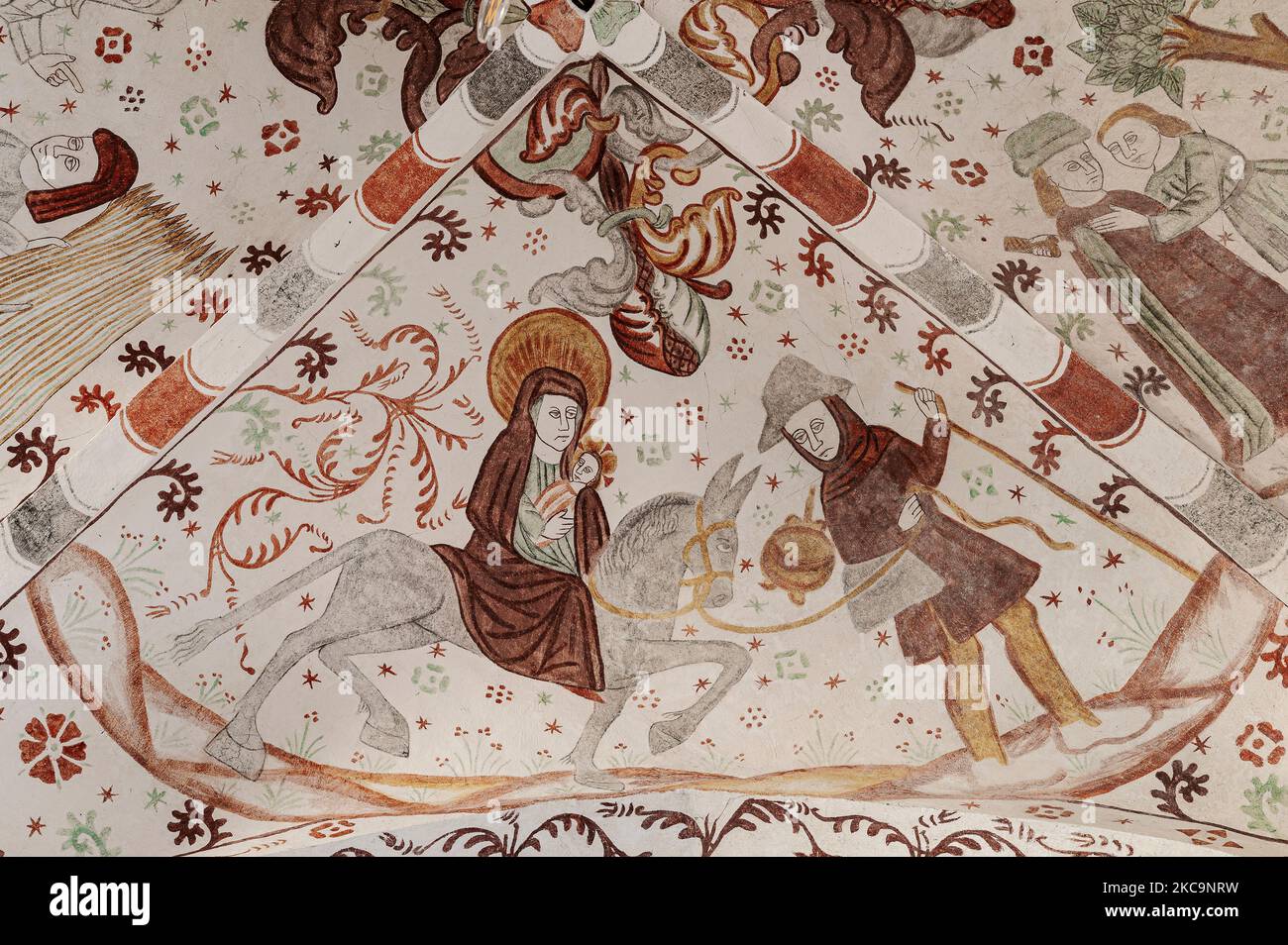 Antikes Wandgemälde, das den Flug nach ägypten darstellt, Fanefjord Kirche, Dänemark, 10. Oktober 2022 Stockfoto