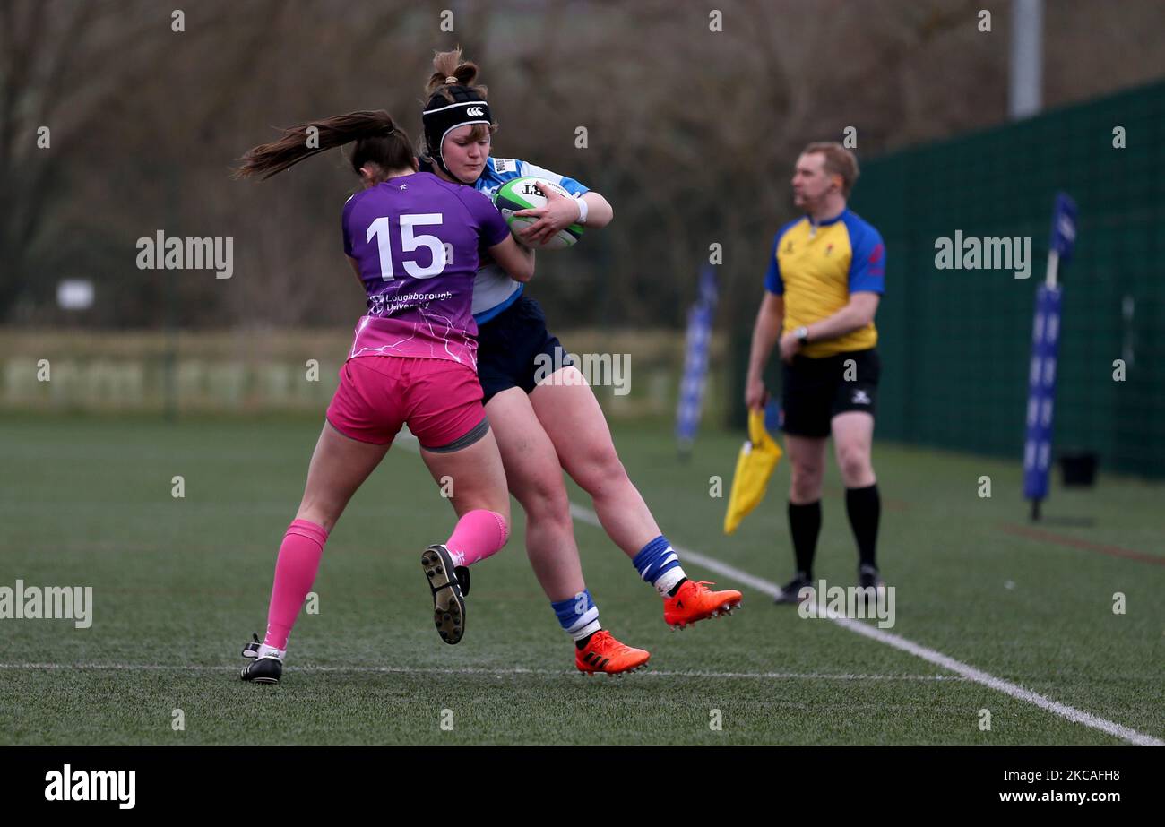 Alana Bainbridge von Darlington Mowden Park Sharks und Fran Goldthorp von Loughborough Lightning während des ALLIANZ PREMIER 15S-Frauenmatches zwischen DMP Durham Sharks und Loughborough Ligntning am Samstag, dem 6.. März 2021, im Maiden Castle, Durham City. (Foto von Chris Booth/MI News/NurPhoto) Stockfoto