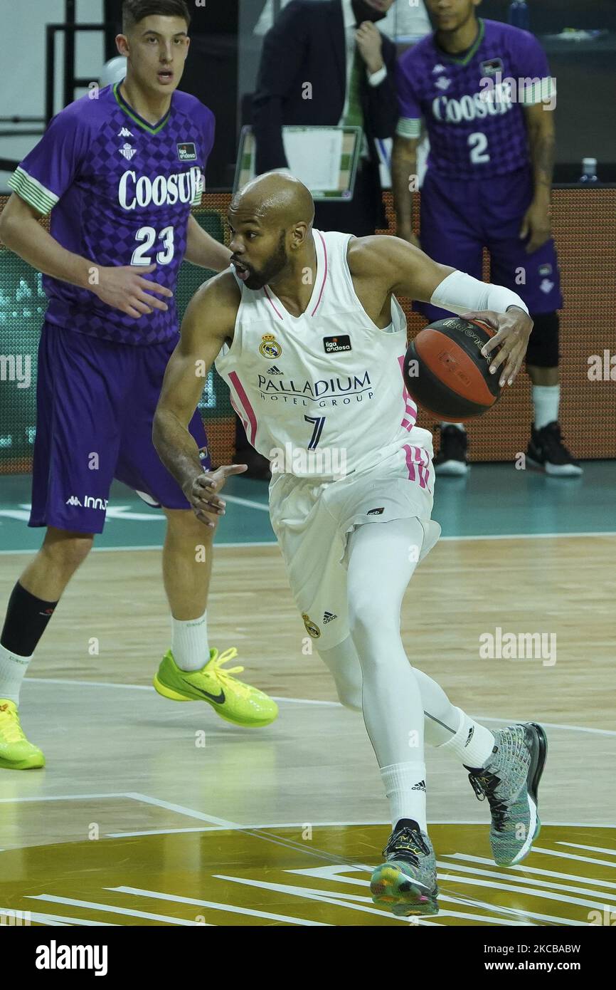 Alex Tyus von Real Madrid in Aktion während des ACB Endesa Basketballliga-Spiels zwischen Real Madrid und Coosur Betis, das im Wizink Center in Madrid gespielt wurde. 21. März 2021 Spanien (Foto von Oscar Gonzalez/NurPhoto) Stockfoto