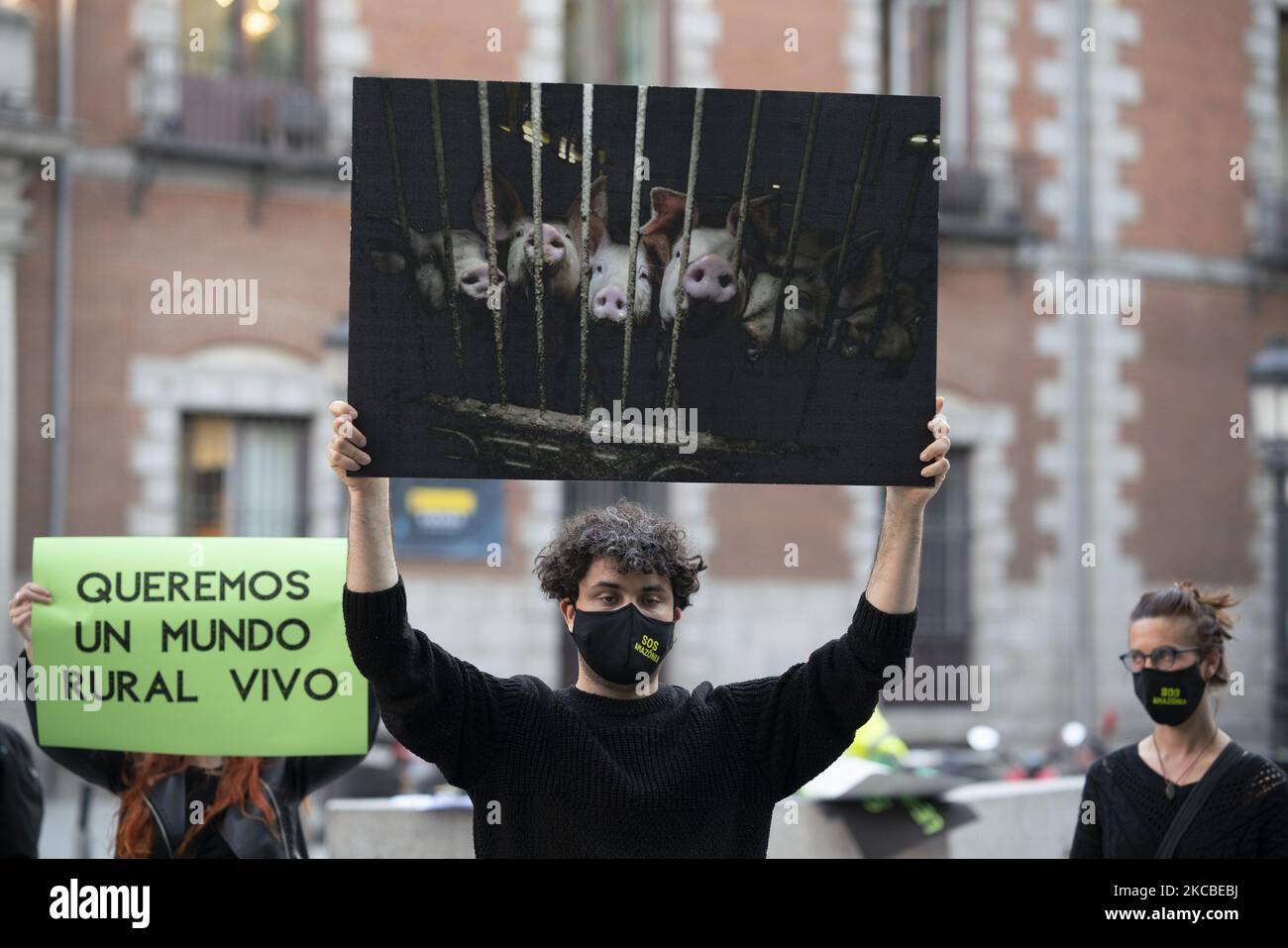 Demonstranten während eines Protestes zur Rettung des Amazons mit dem Slogan SOS amazonia vor dem Außenministerium in Madrid, Spanien, am 24. März 2021 (Foto: Oscar Gonzalez/NurPhoto) Stockfoto