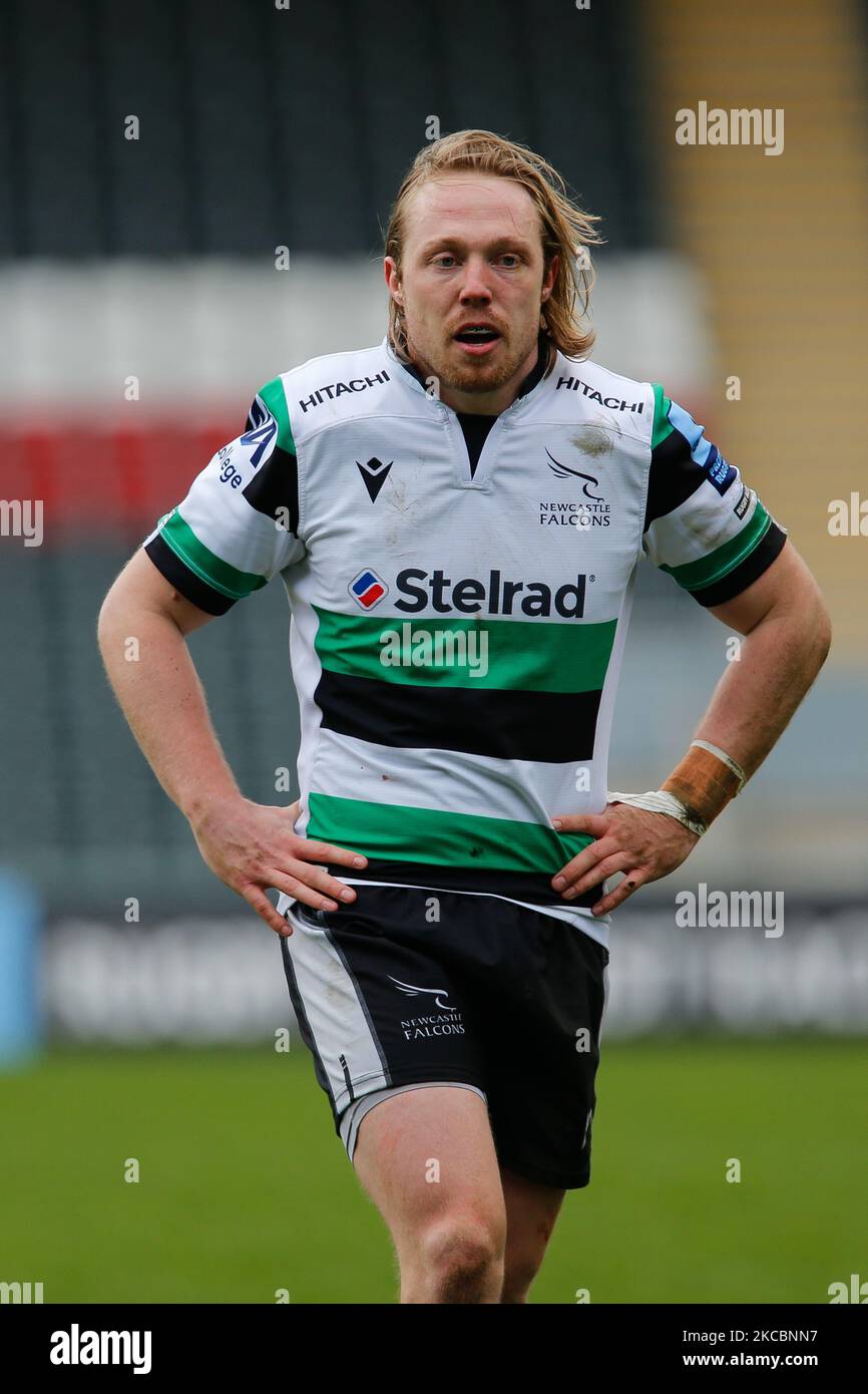 Joel Hodgson von Newcastle Falcons schaut während des Gallagher Premiership-Spiels zwischen Leicester Tigers und Newcastle Falcons am 28.. März 2021 in der Welford Road, Leicester, Engalnd, zu. (Foto von Chris Lishman/MI News/NurPhoto) Stockfoto