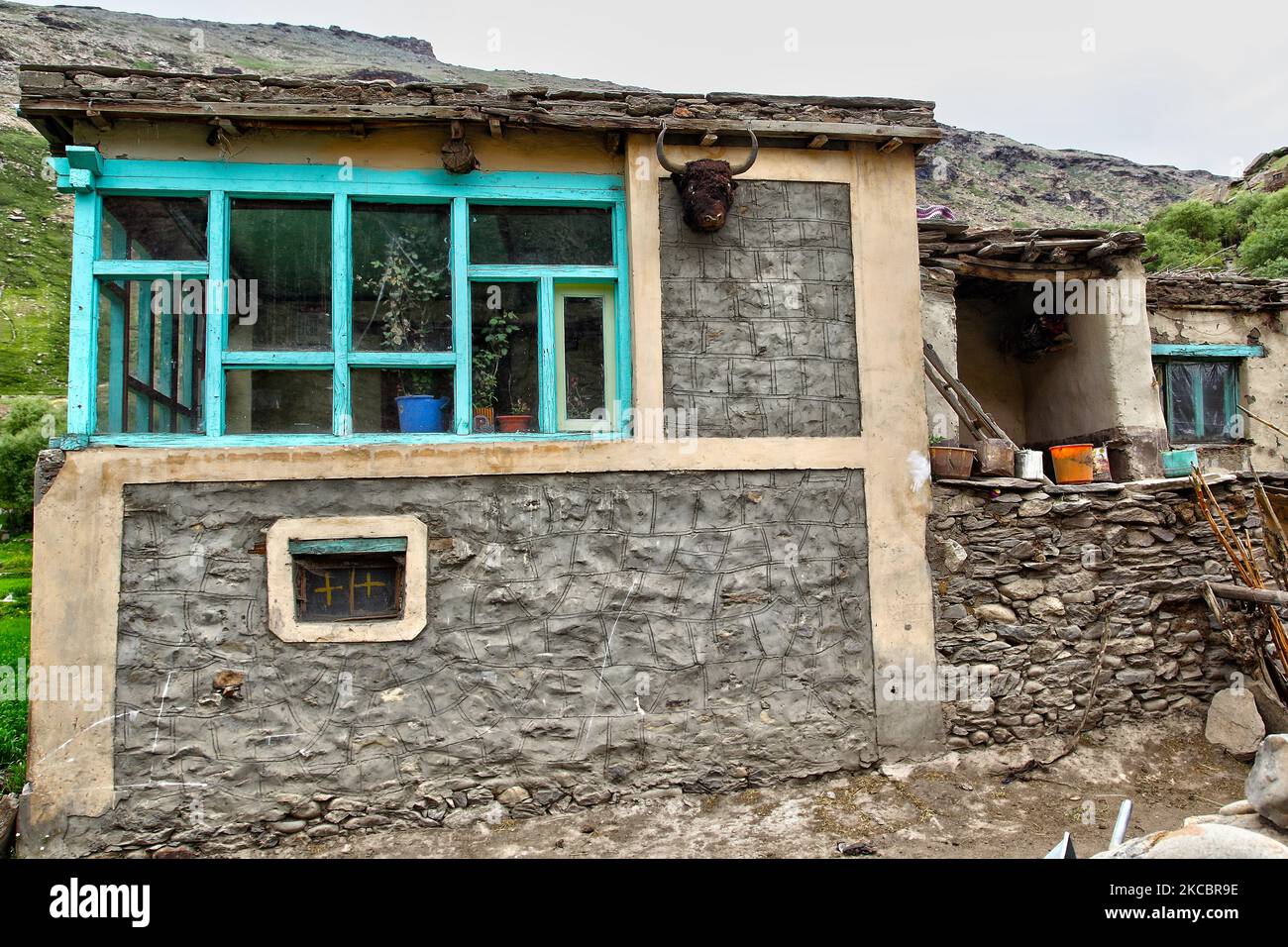 Tierkopf schmückt die Außenseite eines Hauses hoch im Himalaya im Parkachik Village in Zanskar, Ladakh, Jammu und Kaschmir, Indien. (Foto von Creative Touch Imaging Ltd./NurPhoto) Stockfoto