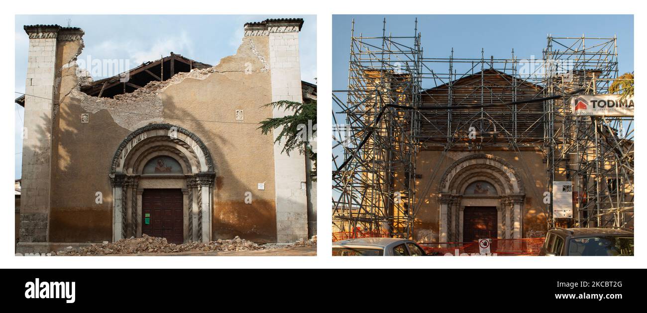 (ANMERKUNG DER REDAKTION: COMPOSITE-BILD) Dieses Composite-Bild zeigt die Kirche San Francesco di Paola in L'Aquila (links - Bild aufgenommen am 4. Mai 2009) - (rechts, Bild aufgenommen am 29. März 2021). Der 12.. Jahrestag des Erdbebens von L'Aquila wird am 06. April 2021 begangen und erinnert an den Tod von fast 300 Menschen, als das Erdbeben die Stadt L'Aquila, Italien, verwüstet hat. Am Montag, den 6.. April 2009, erschütterte ein schweres Erdbeben der Stärke 5,8 auf der Richterskala die mittelitalienische Stadt L'Aquila und ihre umliegenden Dörfer. (Foto von Lorenzo Di Cola/NurPhoto) Stockfoto