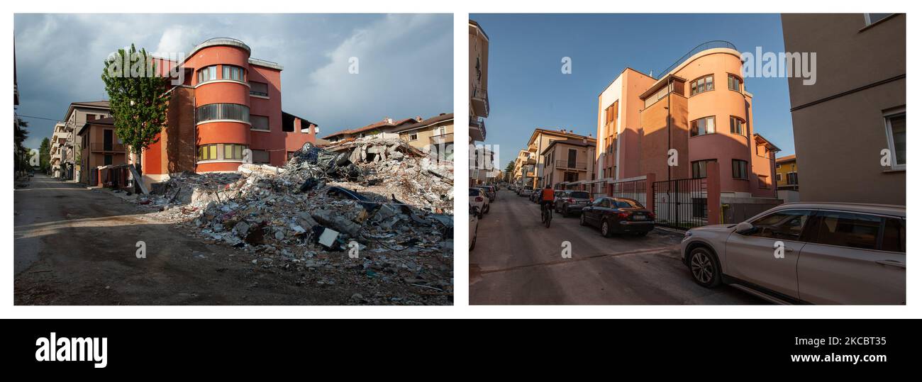 (ANMERKUNG DER REDAKTION: COMPOSITE-BILD) Dieses Composite-Bild zeigt eine wiederaufgebaute Straße in L'Aquila (links - Aufnahme vom 4. Mai 2009) - (rechts, Aufnahme vom 29. März 2021). Der 12.. Jahrestag des Erdbebens von L'Aquila wird am 06. April 2021 begangen und erinnert an den Tod von fast 300 Menschen, als das Erdbeben die Stadt L'Aquila, Italien, verwüstet hat. Am Montag, den 6.. April 2009, erschütterte ein schweres Erdbeben der Stärke 5,8 auf der Richterskala die mittelitalienische Stadt L'Aquila und ihre umliegenden Dörfer. (Foto von Lorenzo Di Cola/NurPhoto) Stockfoto