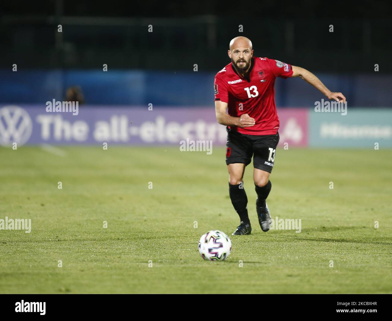 Arlind Ajeti während des Spiels zur Qualifikation für die Fußball-Weltmeisterschaft 2022 zwischen San Marino und Albanien, in San Marino, am 31. März 2021 (Foto: Loris Roselli/NurPhoto) Stockfoto