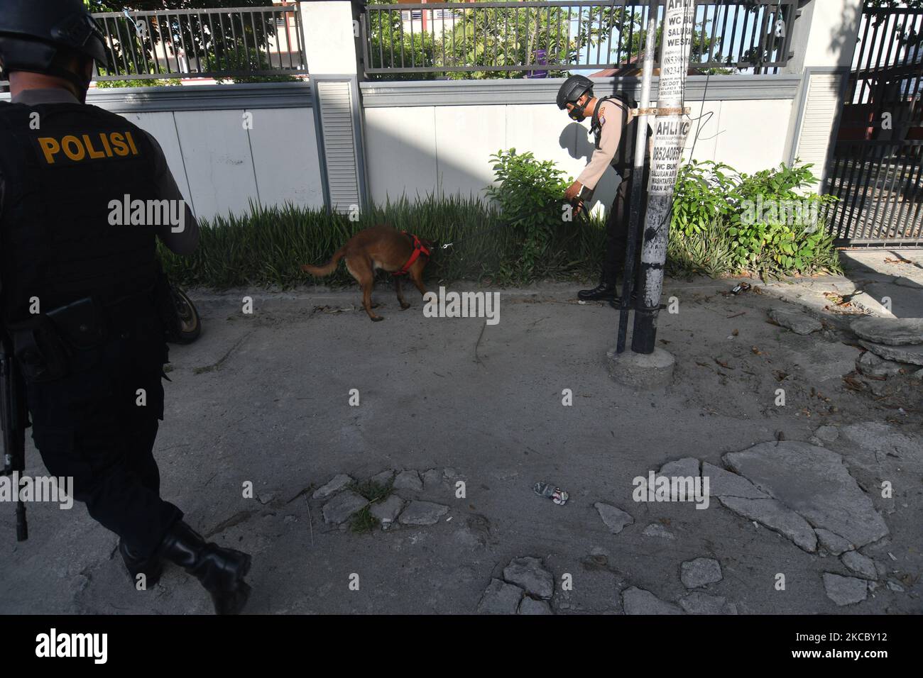 Die Polizei inspiziert einen Kirchenhof mit Sniffer-Hunden in Palu, Central Sulawesi, Indonesien, Donnerstag (1/4/2021). Die Regierung hat die Sicherheit in Kirchen und Menschenmengen-Zentren in Indonesien im Vorfeld einer Reihe von Osterfeiern in Palu City verschärft und erhöht. Diese Sicherheit soll Terrorakte vorwegnehmen, die sich früher an mehreren Orten in Indonesien ereignet haben. (Foto von Mohamad Hamzah/NurPhoto) Stockfoto