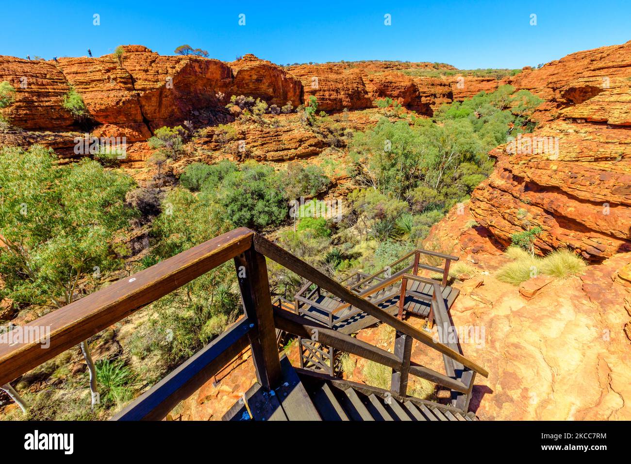 Treppen am Kings Canyon führen hinunter zum Garden of Eden, Watarrka National Park, Northern Territory. Luftige, zerklüftete Landschaft, roter Sandstein, Gummibäume Stockfoto