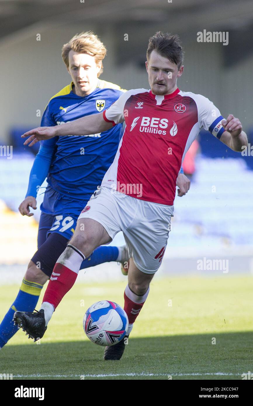 Callum Connolly von Fleetwood Town kontrolliert den Ball während des Spiels der Sky Bet League 1 zwischen AFC Wimbledon und Fleetwood Town am 5.. April 2021 in Plough Lane, Wimbledon, London, Großbritannien. (Foto von Federico Maranesi/MI News/NurPhoto) Stockfoto