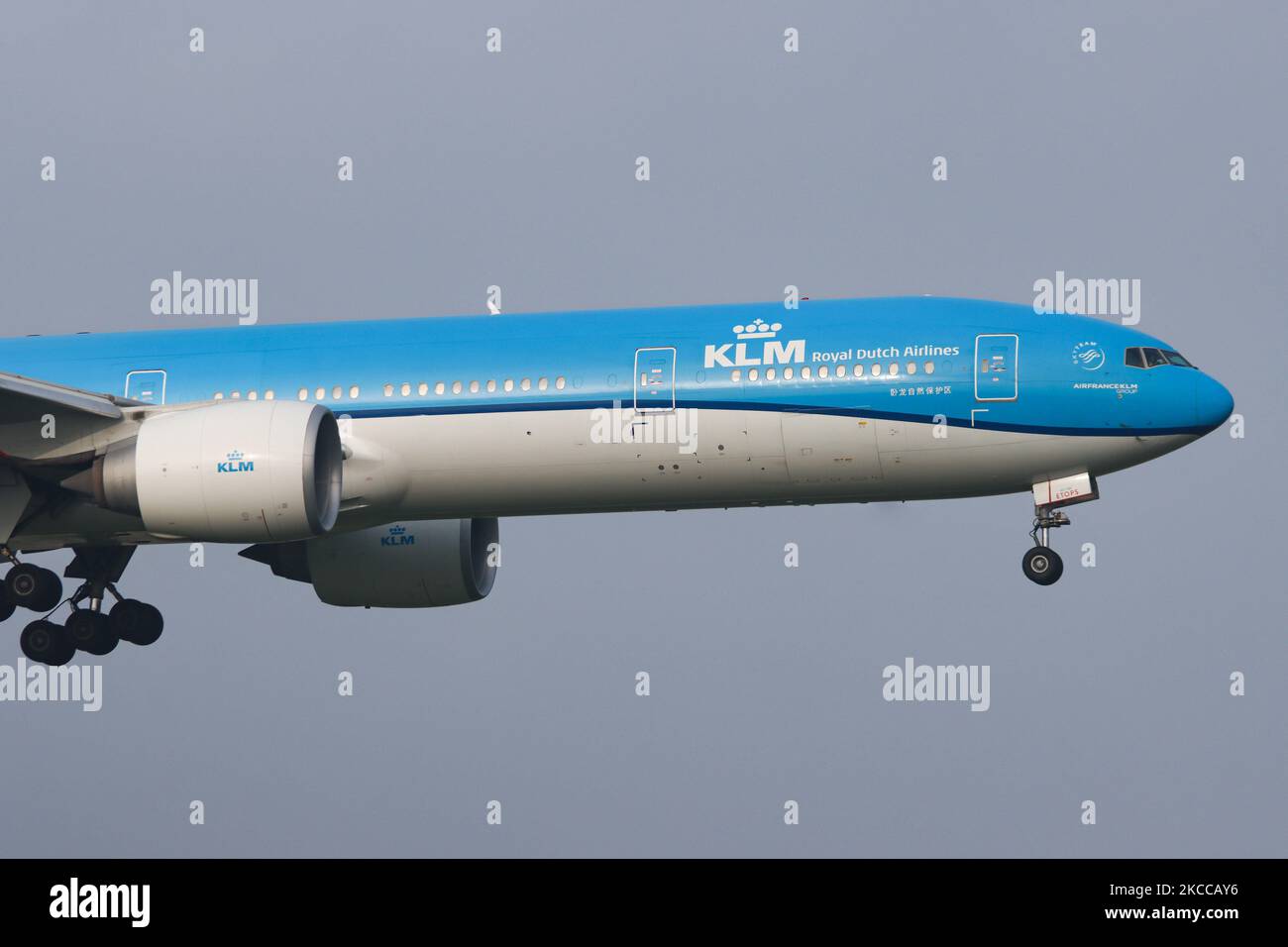 KLM Royal Dutch Airlones Boeing 777-300-Flugzeuge, wie sie bei der endgültigen Landung auf dem internationalen Flughafen Amsterdam Schiphol AMS EHAM fliegen. Das Großkarosserie-Flugzeug für Langstreckenflüge hat die Registrierung PH-BVG, den Namen Nationaal Park Wolong / Wolong National Nature Reserve und wird von 2x GE-Triebwerken angetrieben. KLM Koninklijke Luchtvaart Maatschappij N.V. ist die Flaggon-Fluggesellschaft der Niederlande mit Drehkreuz in Amsterdam, die Fluggesellschaft ist die älteste der Welt, Mitglied der SkyTeam-Luftfahrtallianz und gehört Air France - KLM Group. Laut lokalen und internationalen Medien im April Stockfoto